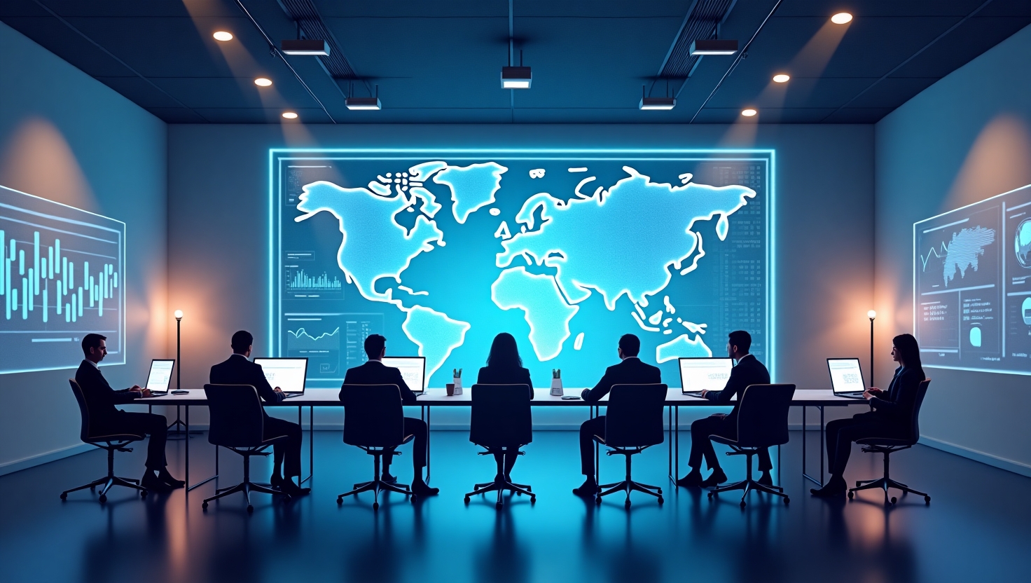 Illustration d'une scène futuriste et professionnelle représentant une salle de réunion moderne avec des professionnels du marketing et de la tech analysant des graphiques et des données numériques sur des écrans holographiques, intégrant des éléments symbolisant la régulation et l'éthique comme des balances de justice, des cadenas, et des lignes de code, dans un style épuré et élégant, ambiance sérieuse et innovante, couleurs inspirées de la palette FeedMaker (#54387D, #3E408D, #3C579D, #47C0B4, #58A17B, #80D07E, #A5DA6F, #E1A65F, #EFCA5E, #EBE263), format paysage.