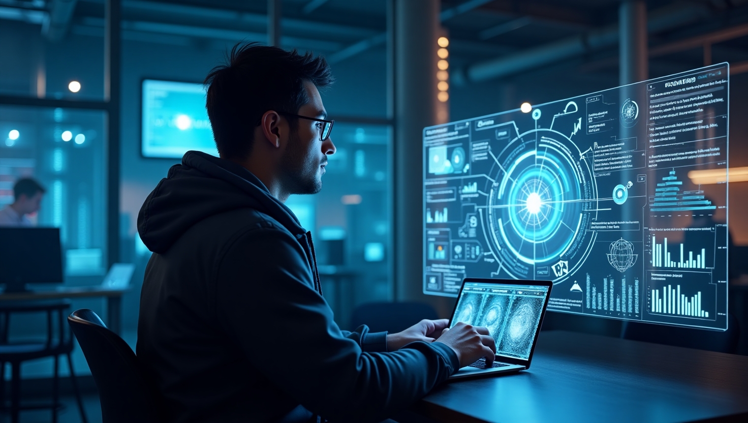 Comment créer des campagnes publicitaires ultra-ciblées avec l’IA en 2025 Illustration d'une scène futuriste représentant un marketeur utilisant une interface holographique avancée pour concevoir des campagnes publicitaires hyper-ciblées avec l'IA en 2025, entouré de données et graphiques interactifs, dans un environnement high-tech et noirmatte, style numérique réaliste ou cyberpunk clair, avec un éclairage dynamique, intégrant une palette de couleurs inspirée de FeedMaker (#54387D, #3E408D, #3C579D, #47C0B4, #58A17B, #80D07E, #A5DA6F, #E1A65F, #EFCA5E, #EBE263), mettant en avant la synergie entre l'humain et la technologie pour une publicité de demain.