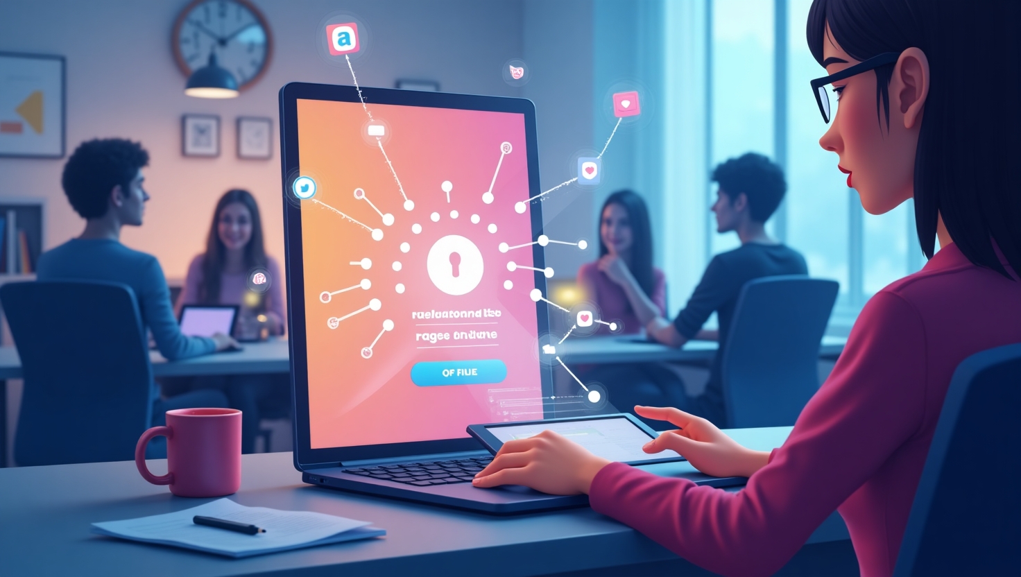 Illustration d'une scène moderne en style réaliste avec une ambiance sérieuse et professionnelle, représentant un smartphone ou une tablette affichant une interface de vérification d'âge en ligne, entourée de symboles de confidentialité, de protection des mineurs et de connectivité. En arrière-plan, des silhouettes de personnes jeunes utilisant des réseaux sociaux, avec un décor épuré évoquant un environnement numérique et européen. La palette de couleurs s'inspire des tons de la marque FeedMaker (#54387D, #3E408D, #3C579D, #47C0B4, #58A17B, #80D07E, #A5DA6F, #E1A65F, #EFCA5E, #EBE263), pour une harmonie visuelle cohérente et sérieuse, évoquant la révolution numérique, la vigilance et la protection en ligne.