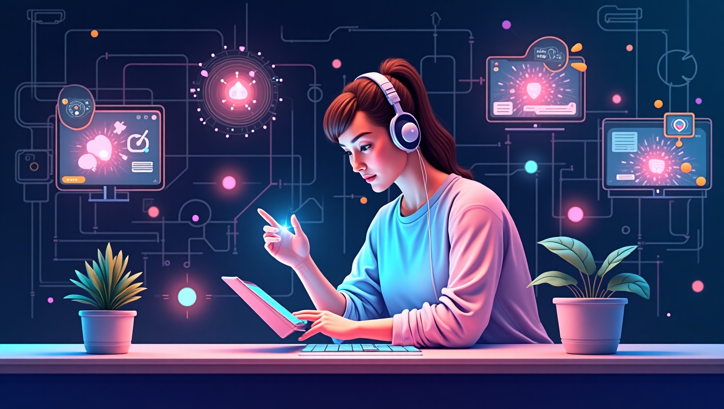 Comment Créer des Contenus Viraux avec TikTok et l’IA en 2025 Illustration dynamique en style futuriste et moderne montrant un créateur de contenu utilisant une tablette ou un smartphone avec des éléments graphiques de TikTok et d'intelligence artificielle autour, comme des hologrammes représentant des vidéos en cours de création, des algorithmes ou des effets visuels innovants, ambiance technologique et inspirante, couleurs vibrantes inspirées de la palette FeedMaker (#54387D, #3E408D, #3C579D, #47C0B4, #58A17B, #80D07E, #A5DA6F, #E1A65F, #EFCA5E, #EBE263), style illustration numérique moderne, format paysage.