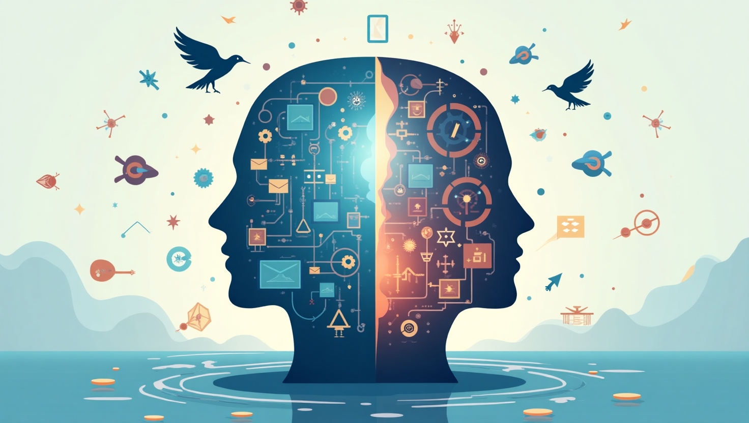 IA et marketing digital : naviguer entre innovation et éthique en 2025 Illustration en style réaliste ou semi-réaliste représentant un contraste entre innovation et éthique dans le marketing digital en 2025, avec une balance ou un yin-yang stylisé, où d'un côté se trouvent des éléments technologiques avancés comme des écrans, des données, des réseaux neuronaux, et de l'autre des symboles éthiques comme un cadenas, une plume ou une main tendue. L'image doit évoquer la réflexion, la prudence et la responsabilité, avec une ambiance sérieuse et pédagogique, dans une palette de couleurs inspirée de la palette FeedMaker (#54387D, #3E408D, #3C579D, #47C0B4, #58A17B, #80D07E, #A5DA6F, #E1A65F, #EFCA5E, #EBE263). Privilégier un style réaliste ou illustratif avec un rendu net et professionnel, format paysage pour souligner la notion de navigation entre innovation et éthique.