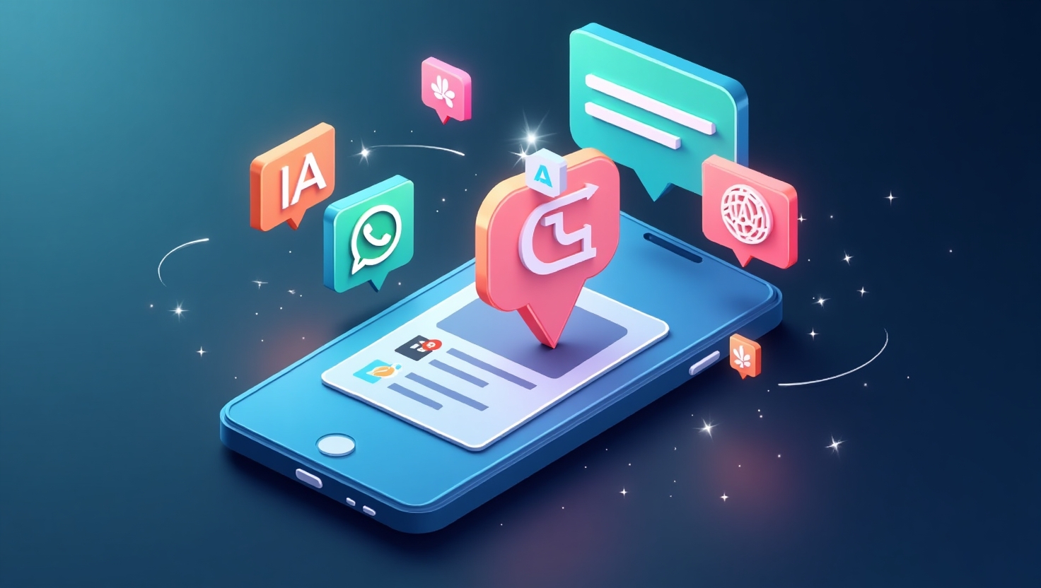 Meta lance les publicités IA sur WhatsApp : la révolution du 24 septembre qui change tout Illustration futuriste d'une interface de messagerie WhatsApp intégrée avec des éléments de publicité alimentée par intelligence artificielle, montrant des messages personnalisés et des icônes d'IA émanant d'un smartphone moderne, dans un style épuré et professionnel, avec une ambiance innovante et engageante, couleurs inspirées de la palette FeedMaker (#54387D, #3E408D, #3C579D, #47C0B4, #58A17B, #80D07E, #A5DA6F, #E1A65F, #EFCA5E, #EBE263), représentée dans un graphisme sémantique pour illustrer la révolution du marketing digital.