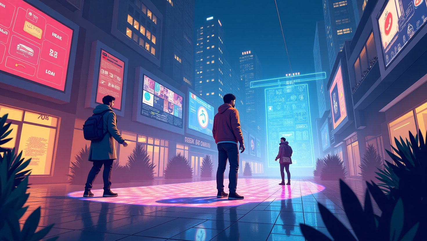 Illustration futuriste en style digital art représentant trois créateurs audacieux en pleine action dans un univers high-tech vibrant, mêlant réalité augmentée, hologrammes d'IA et interfaces interactives. La scène montre un créateur utilisant une immersion AR immersive avec des éléments de réalité virtuelle et des projections holographiques qui illustrent l'innovation disruptive en storytelling, dans un environnement urbain moderne et dynamique. La palette de couleurs s'inspire des tons FeedMaker (#54387D, #3E408D, #3C579D, #47C0B4, #58A17B, #80D07E, #A5DA6F, #E1A65F, #EFCA5E, #EBE263), avec une ambiance motivante, innovante et inspirante, mettant en valeur la synergie entre créativité, technologie et authenticité pour captiver l'audience.