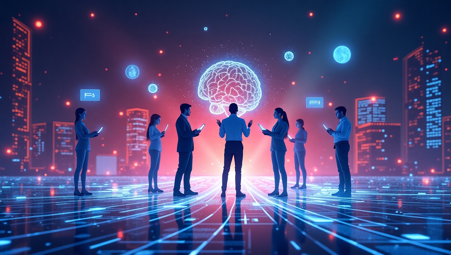 Comment l’IA redéfinit les codes de la viralité créative en 2025 Illustration futuriste en style moderne et dynamique représentant des créateurs de contenu sur une scène numérique vibrante, entourés d’éléments symbolisant l’intelligence artificielle : hologrammes, flux de données, génération multimodale de visuels, vidéos et sons, intégrés dans un univers high-tech. L’image doit évoquer une synergie entre automatisation et authenticité, avec des formats innovants et personnalisés apparaissant comme des pièces d’un puzzle en constante évolution. La palette de couleurs doit s’inspirer des tons FeedMaker (#54387D, #3E408D, #3C579D, #47C0B4, #58A17B, #80D07E, #A5DA6F, #E1A65F, #EFCA5E, #EBE263), avec une ambiance à la fois inspirante, créative et tournée vers l’avenir. Style illustration numérique, ambiance tech, très visuel et immersif, format paysage.