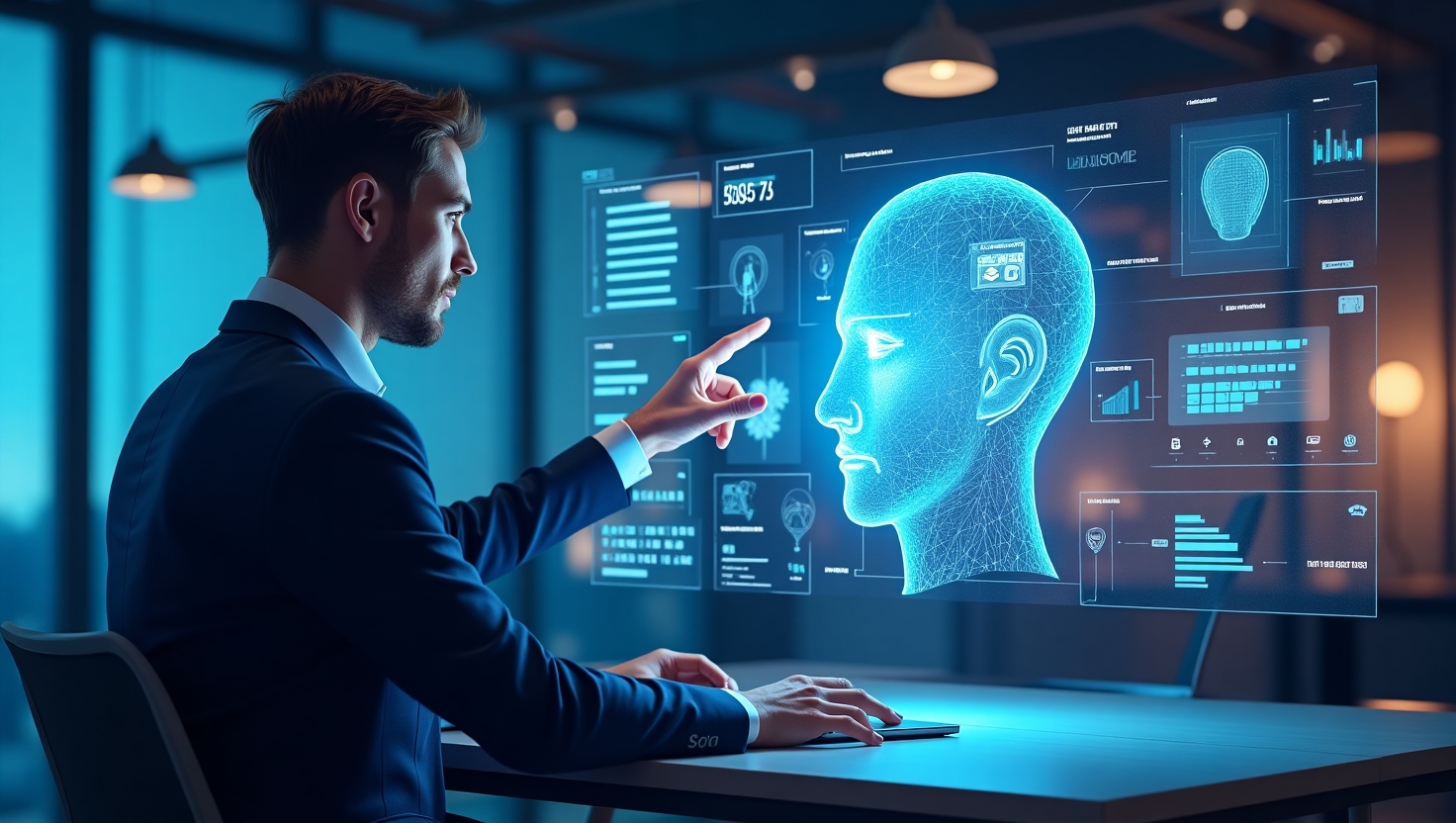 L’hyper-personnalisation marketing 2025 : quand l’IA lit dans vos pensées Illustration futuriste en style réaliste montrant un professionnel du marketing ou un créateur de contenu en interaction avec une interface holographique qui affiche des profils clients, des données comportementales et des représentations d'intelligence artificielle. L'ambiance doit évoquer la technologie avancée et la prédiction, avec des éléments visuels symbolisant la personnalisation et la lecture des émotions. La palette de couleurs doit s'inspirer des tons profond et sophistiqués de FeedMaker (#54387D, #3E408D, #3C579D, #47C0B4, #58A17B, #80D07E, #A5DA6F, #E1A65F, #EFCA5E, #EBE263). L’environnement peut être un espace de travail moderne et hi-tech, avec une atmosphère sérieuse et analytique, en format paysage pour une vue large et immersive.