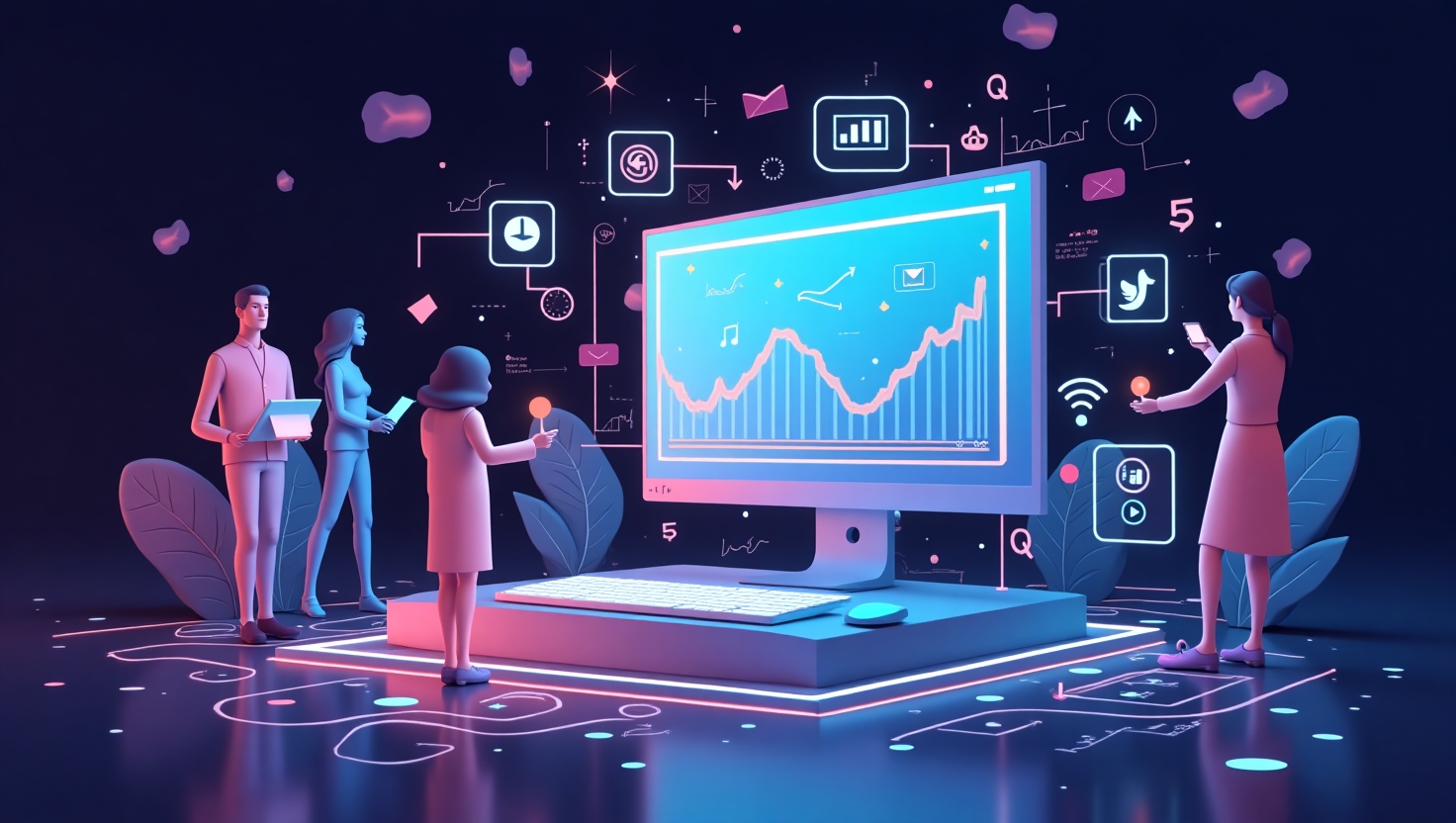 YouTube Made on YouTube 2025 : L’IA Veo 3 va-t-elle enterrer TikTok ? Illustration futuriste et dynamique en style digital art montrant un écran d'ordinateur ou une interface de création vidéo en hologramme, entouré d'éléments technologiques avancés comme des vagues de données, des icônes d'IA et des onglets de studio. Inclure des figures de créateurs ou influenceurs utilisant ces outils innovants, avec une ambiance vibrante et innovante, couleurs inspirées de la palette FeedMaker (#54387D, #3E408D, #3C579D, #47C0B4, #58A17B, #80D07E, #A5DA6F, #E1A65F, #EFCA5E, #EBE263), et un fond évoquant la compétition entre plateformes comme TikTok et YouTube, au style digital et moderne.