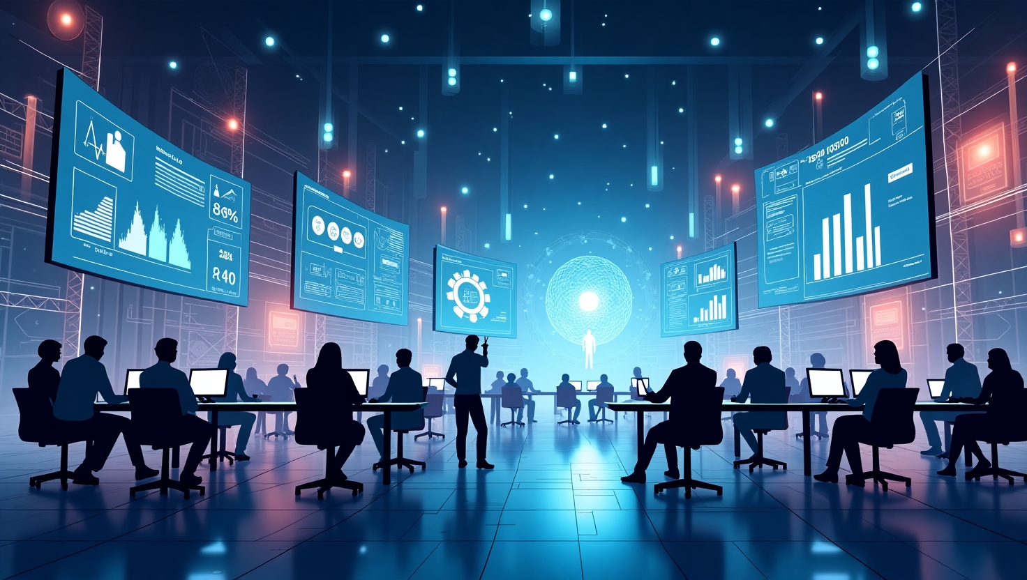 Illustration futuriste et pédagogique représentant une scène dynamique de créateurs de contenu intégrant des éléments d'intelligence artificielle générative, avec des écrans holographiques affichant des réseaux sociaux, des graphiques de viralité, et des flux de contenu fluide. Style moderne, esthétiques numériques avec une ambiance analytique et optimiste, mettant en valeur la synergy entre technologie avancée et créativité humaine. Utiliser une palette de couleurs inspirée de la marque FeedMaker (#54387D, #3E408D, #3C579D, #47C0B4, #58A17B, #80D07E, #A5DA6F, #E1A65F, #EFCA5E, #EBE263), pour une composition claire, professionnelle et inspirante, avec un format paysage adapté à une illustration de synthèse de l’article.