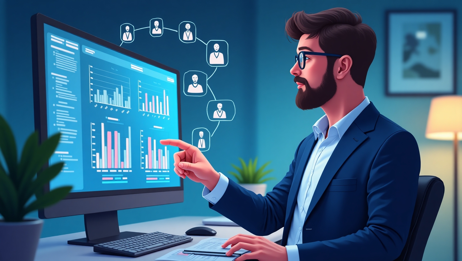 Comment utiliser l’IA pour créer des campagnes publicitaires ultra-ciblées en 2025 Illustration moderne en style numérique éducatif montrant un expert en marketing utilisant une interface futuriste avec des graphiques dynamiques, des données en temps réel et des représentations de profils d'audience hautement ciblés pour des campagnes publicitaires en 2025, avec des éléments visuels de ciblage, de prédiction et d'automatisation. Palette de couleurs inspirée de FeedMaker (#54387D, #3E408D, #3C579D, #47C0B4, #58A17B, #80D07E, #A5DA6F, #E1A65F, #EFCA5E, #EBE263), style illustration numérique professionnelle, ambiance à la fois pédagogique et innovante, adaptable pour un format carré.