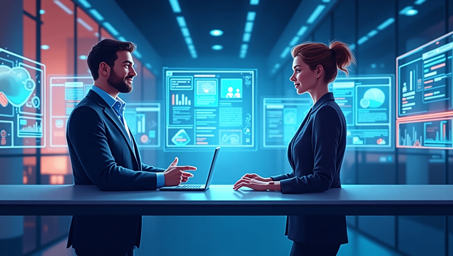 Décryptage : comment l’IA générative bouleverse la fidélisation client en 2025 Illustration moderne en style réaliste et pédagogique montrant une scène futuriste où un conseiller client humanoïde en costume digital interagit avec un client réel dans un environnement high-tech, entouré d'écrans holographiques affichant des contenus personnalisés et interactifs, symbolisant la fusion entre intelligence artificielle et relation humaine, sous un fond épuré avec des nuances de la palette FeedMaker (#54387D, #3E408D, #3C579D, #47C0B4, #58A17B, #80D07E, #A5DA6F, #E1A65F, #EFCA5E, #EBE263), ambiance analytique et pédagogique, au format paysage.