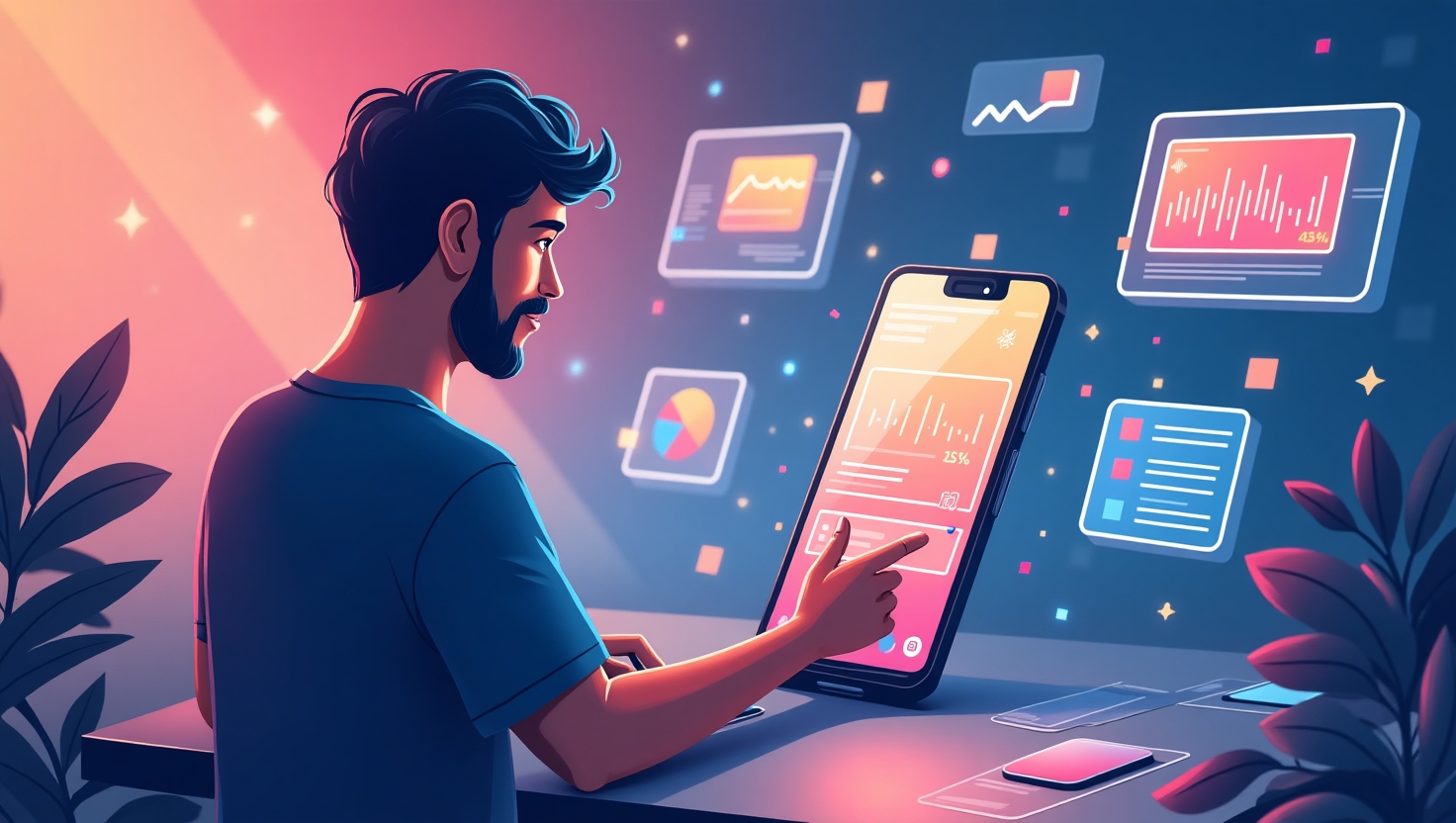 Illustration moderne et dynamique d’un créateur de contenu Studio en train de concevoir un Reel Instagram sur un smartphone, entouré d’effets visuels numériques et d’éléments symbolisant les tendances 2025, comme des graphiques de viralité, des icônes de musique et des motifs d’effets IA, dans un style illustration flat design professionnel, avec une ambiance motivante et high-tech. La scène doit inclure des écrans affichant des statistiques de viralité, des éléments colorés inspirés de la palette FeedMaker (#54387D, #3E408D, #3C579D, #47C0B4, #58A17B, #80D07E, #A5DA6F, #E1A65F, #EFCA5E, #EBE263), et mettre en évidence la créativité, la rapidité et l’innovation dans la création de Reels viraux, en format paysage.