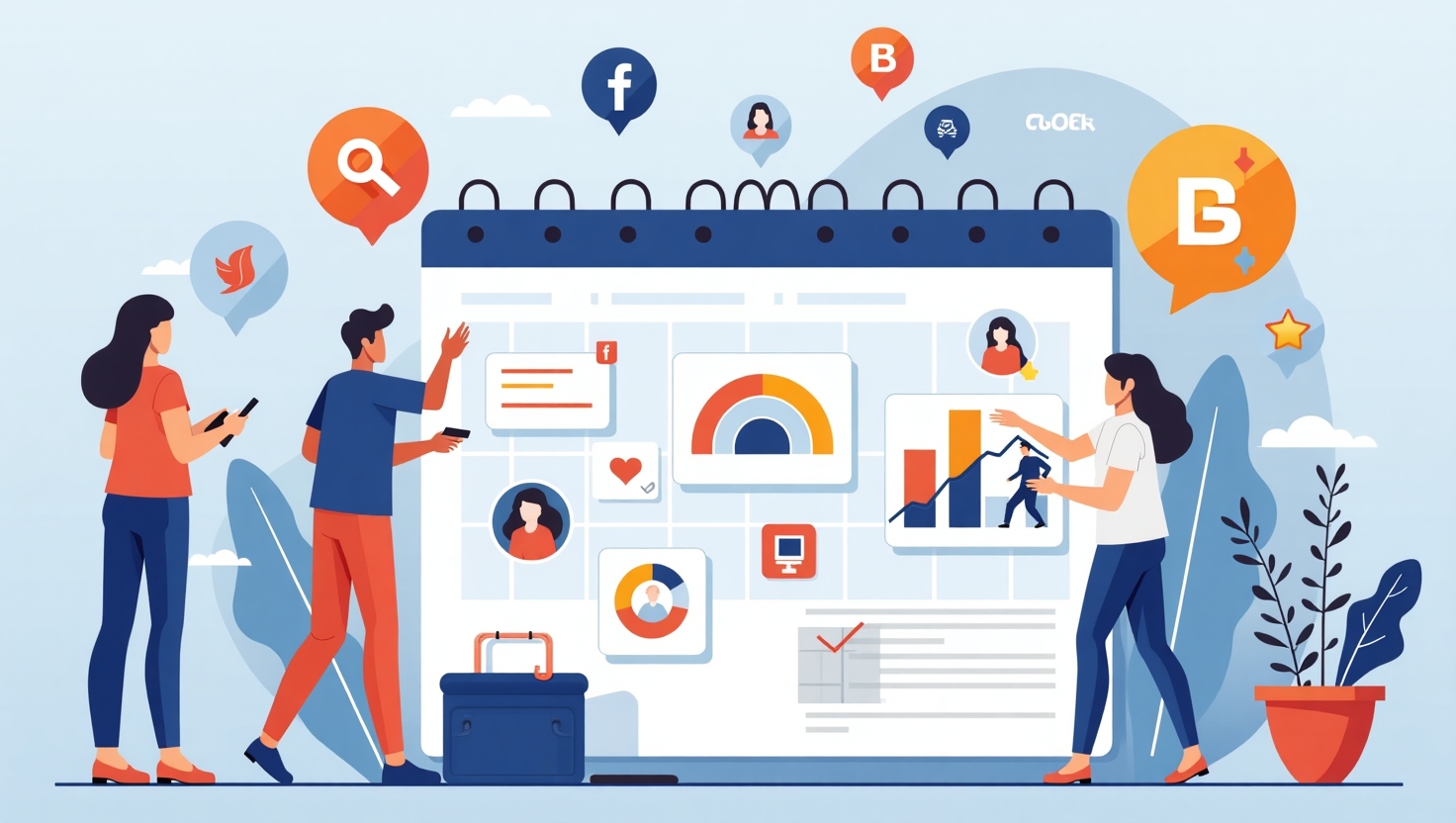 Comment exploiter l’IA pour créer un calendrier éditorial viral en 2025 Illustration moderne et dynamique représentant un calendrier éditorial connecté, intégrant des éléments technologiques et des icônes de réseaux sociaux comme Reels, Stories, vidéos, avec des graphiques et des tendances émergentes flottant autour, symboles d’analyse prédictive et de planification automatisée. Style semi-réaliste avec une ambiance inspirante, utilisant une palette de couleurs inspirée de la palette FeedMaker (#54387D, #3E408D, #3C579D, #47C0B4, #58A17B, #80D07E, #A5DA6F, #E1A65F, #EFCA5E, #EBE263). Format paysage, pour évoquer l’avenir de la stratégie de contenu sur les réseaux sociaux en 2025, avec un ton pratique, accessible et motivant, intégrant des éléments visuels illustrant la croissance, la viralité et l’utilisation de l’IA dans la planification éditoriale.