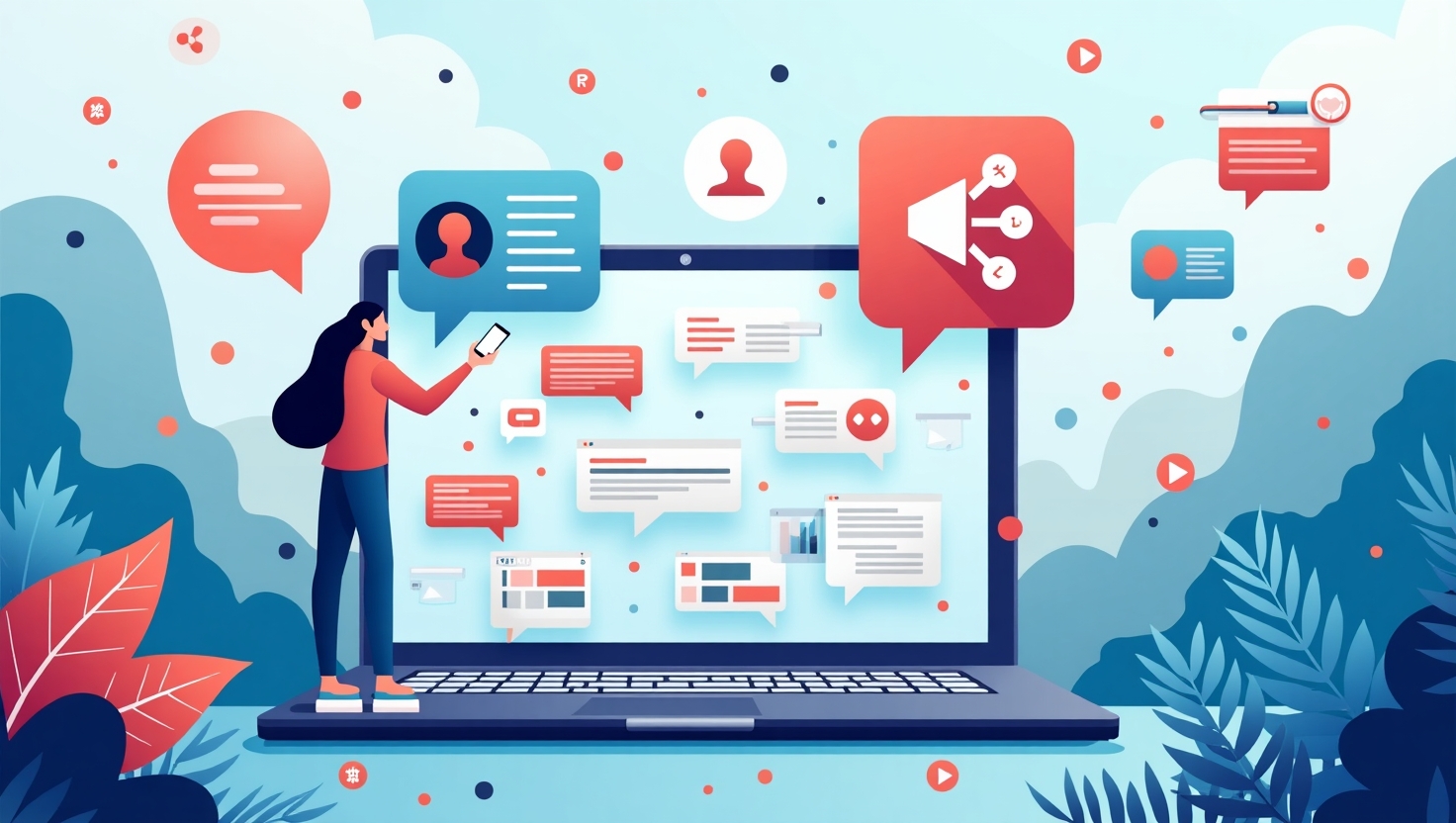 Illustration moderne et dynamique représentant un paysage de création de contenu en 2025, avec des éléments visuels comme un ordinateur portable affichant des scripts de texte générés par IA, des écrans avec des visuels et vidéos en cours de production automatique, des icônes de personnalisation et d'engagement, tout en intégrant des symboles éthiques et de responsabilité comme des balances ou des cadenas. Style digital futuriste avec une ambiance professionnelle et innovante, utilisant une palette de couleurs inspirée de FeedMaker (#54387D, #3E408D, #3C579D, #47C0B4, #58A17B, #80D07E, #A5DA6F, #E1A65F, #EFCA5E, #EBE263), en format paysage.