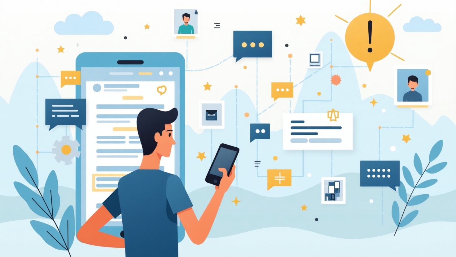 Booster l’engagement sur LinkedIn en 2025 : méthode complète et astuces clés Illustration moderne et dynamique représentant un professionnel ou un entrepreneur utilisant un ordinateur portable ou un smartphone, entouré d'éléments visuels symbolisant LinkedIn en 2025, tels que des notifications, des likes, des commentaires, et des graphiques croissants, dans un style flat design avec une ambiance positive et innovante. La scène doit inclure des icônes de vidéos, articles, hashtags, et interactions, avec une mise en valeur des nouveautés de la plateforme comme l'IA et les recommandations personnalisées. Palette de couleurs inspirée de FeedMaker (#54387D, #3E408D, #3C579D, #47C0B4, #58A17B, #80D07E, #A5DA6F, #E1A65F, #EFCA5E, #EBE263), format paysage, visuellement claire et engageante, adaptée à un contenu éducatif et professionnel, visant à illustrer la croissance de l’engagement et les stratégies pour réussir sur LinkedIn.