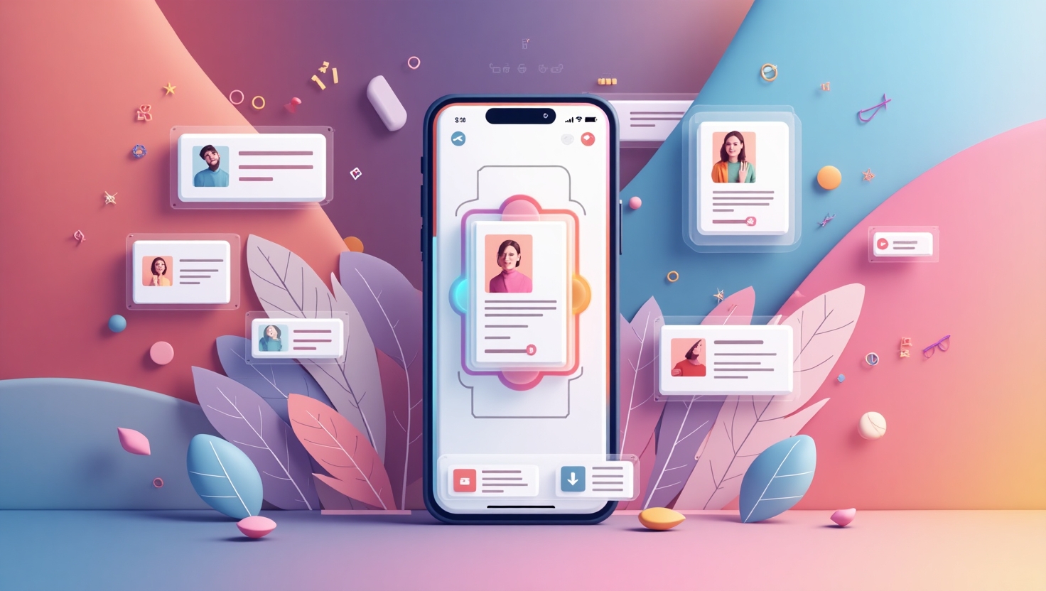 Instagram 2025 : les 6 révolutions qui vont bouleverser votre stratégie Illustration moderne et professionnelle représentant une interface futuriste d'Instagram 2025 vue de face, intégrant une grille verticale 3:4 emblématique, avec des éléments visuels symbolisant la fusion entre Stories et Reels, comme deux formats qui se combinent harmonieusement, accompagnée d'éléments d'intelligence artificielle, comme un hologramme ou un chatbot, montrant la génération d'images ou la retouche visuelle avancée, ainsi que des outils collaboratifs avec des icônes de gestion d'équipe, dans un style épuré et contemporain, utilisant une palette de couleurs inspirée de FeedMaker (#54387D, #3E408D, #3C579D, #47C0B4, #58A17B, #80D07E, #A5DA6F, #E1A65F, #EFCA5E, #EBE263), ambiance innovante, claire et dynamique, format paysage.