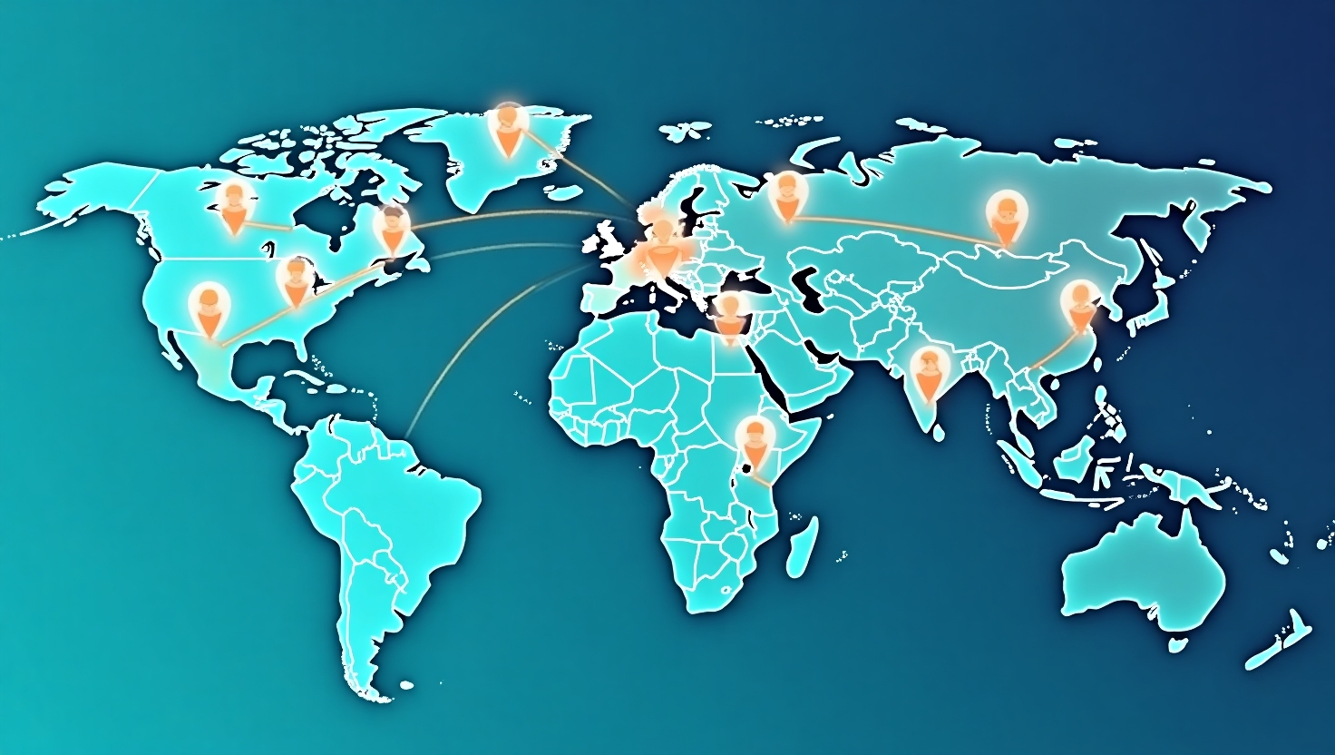 Illustration moderne et épurée d'une carte du monde stylisée avec des points lumineux connectant différentes villes, représentant la fonctionnalité de géolocalisation en temps réel, avec une silhouette d'utilisateurs interactifs autour. Style digital et minimaliste, couleurs dominantes inspirées d'une palette vibrante avec des touches de bleu et vert pour évoquer la connectivité et la sécurité, dans un format paysage. Incorporer subtilement des éléments graphiques rappelant Instagram, tels qu'un smartphone ou une icône de localisation, et ajouter une zone d'infographie ou de texte synthétique pour représenter symboliquement les enjeux de confidentialité et d'engagement pour les créateurs et les marques. L'ambiance doit évoquer à la fois innovation, prudence et opportunités sociales, avec une palette de couleurs inspirée de FeedMaker (#54387D, #3E408D, #3C579D, #47C0B4, #58A17B, #80D07E, #A5DA6F, #E1A65F, #EFCA5E, #EBE263).