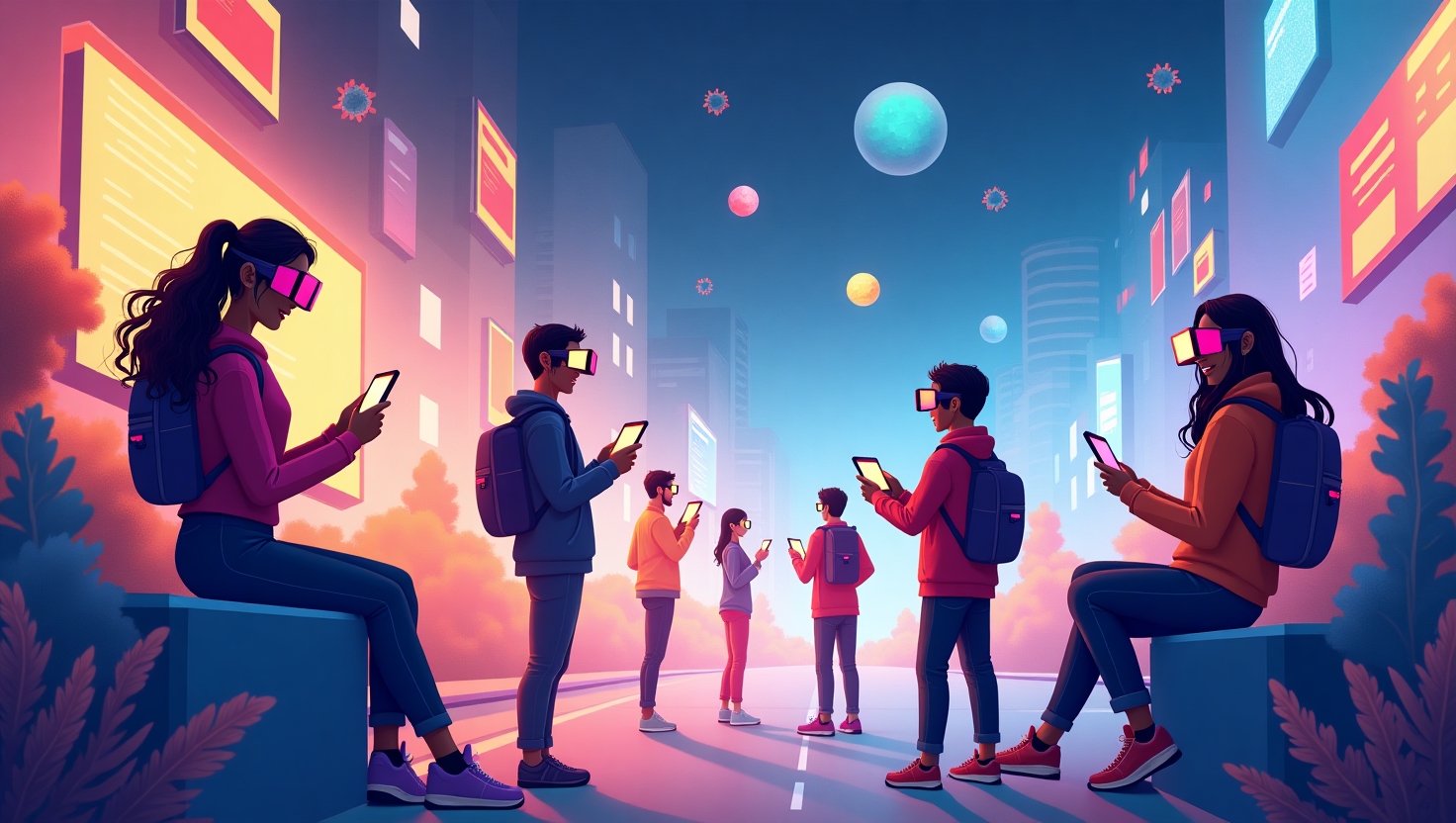 Comment la vidéo courte immersive redéfinit les réseaux sociaux en 2025 Illustration numérique en style futuriste et immersif montrant des jeunes créateurs de contenu utilisant des smartphones et casques de réalité augmentée dans un environnement dynamique et vibrant, entourés d'effets visuels de réalité augmentée, d'interactions en temps réel et de graphiques de viralité, avec une ambiance innovante et captivante, utilisant une palette de couleurs inspirée de FeedMaker (#54387D, #3E408D, #3C579D, #47C0B4, #58A17B, #80D07E, #A5DA6F, #E1A65F, #EFCA5E, #EBE263), style illustration moderne et détaillée en format paysage.