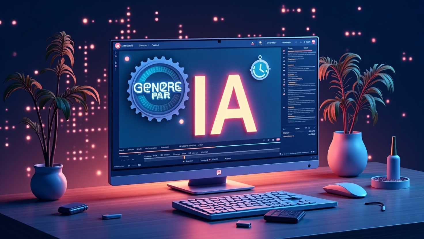 YouTube lance le badge IA : la révolution transparence qui divise les créateurs Illustration numérique moderne représentant une scène de création vidéo sur une plateforme en ligne, avec un large écran affichant une vidéo en cours d'édition, surmontée d’un badge lumineux et futuriste portant l’inscription ‘Généré par IA’ en lettres fluo. L’arrière-plan évoque un univers digital et technologique, avec des éléments abstraits de réseaux et de code. L’atmosphère doit refléter la tension entre innovation, transparence et controverse, avec une palette de couleurs inspirée de la palette FeedMaker (#54387D, #3E408D, #3C579D, #47C0B4, #58A17B, #80D07E, #A5DA6F, #E1A65F, #EFCA5E, #EBE263), en mettant en valeur le contraste entre le côté novateur et les débats autour de la confiance et de l’éthique dans la création de contenu vidéo, style illustration digitale épurée, en format paysage.