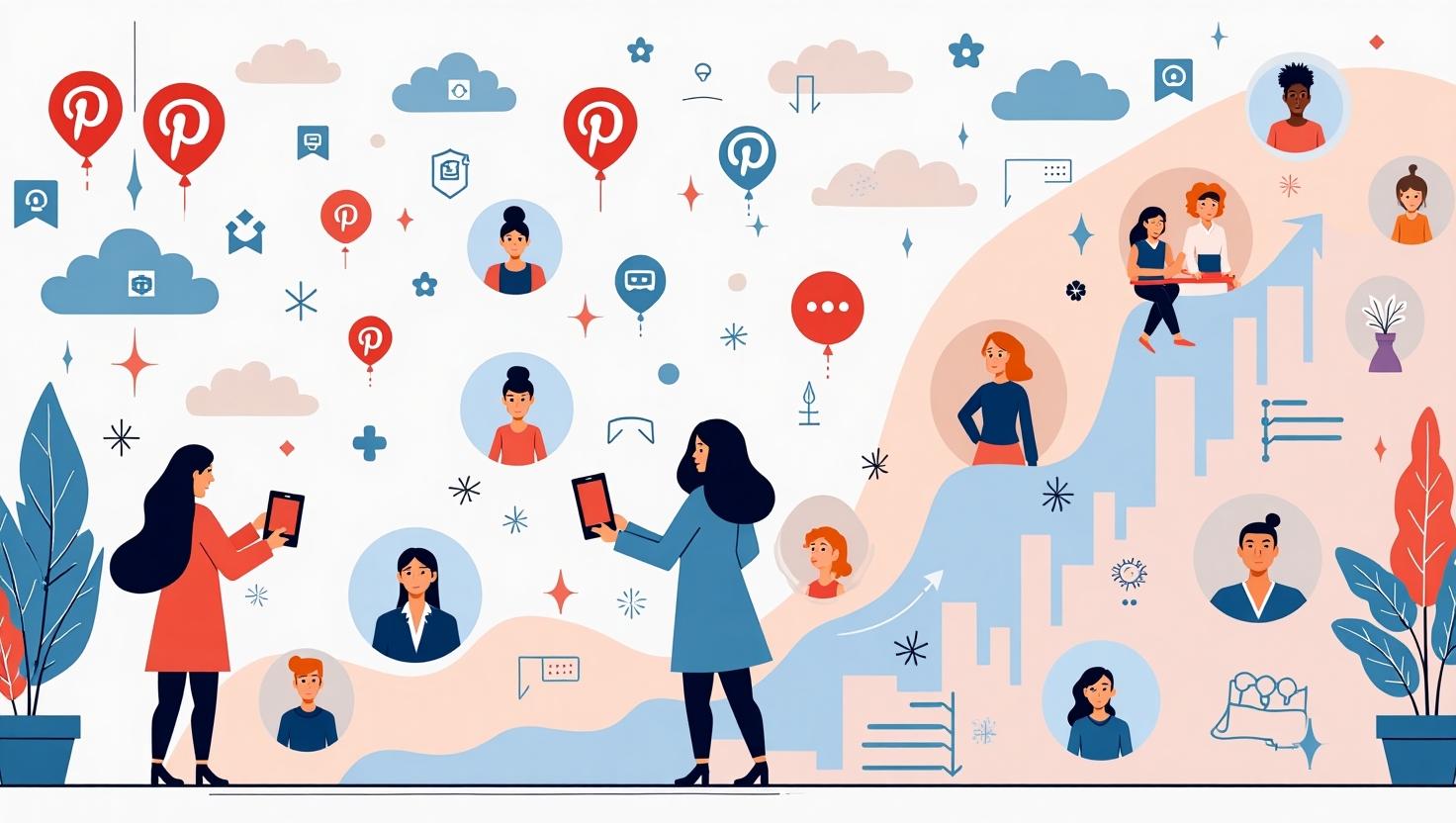 Pinterest France 2025 : pourquoi cette explosion change la donne marketing Illustration professionnelle et pédagogique représentant un tableau de bord numérique avec des graphiques de croissance, des icônes de profils féminins, et des éléments visuels évoquant la découverte et l'inspiration, le tout dans un style épuré et moderne. L'image doit mettre en avant un univers digital coloré inspiré par la palette FeedMaker (#54387D, #3E408D, #3C579D, #47C0B4, #58A17B, #80D07E, #A5DA6F, #E1A65F, #EFCA5E, #EBE263), avec des touches graphiques symbolisant la diversité démographique et la segmentation marketing, pour illustrer le boom de Pinterest en France en 2025 et ses implications pour la stratégie des marques. Format paysage, style clair, structuré et attractif, destiné à un public professionnel et marketing.