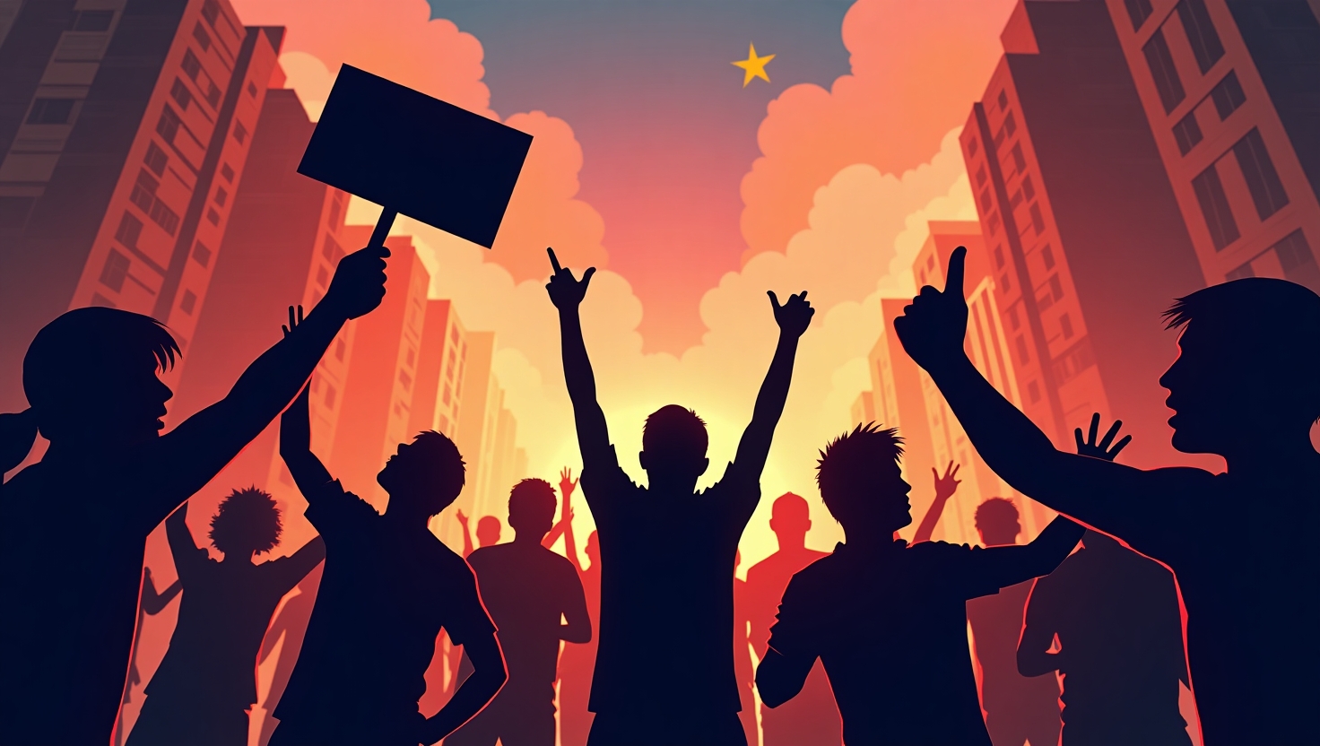 TikTok coupe ses Lives en Indonésie : 100 millions d’utilisateurs privés de viralité Illustration réaliste et dynamique représentant une scène urbaine indonésienne avec des manifestants en agitation, symbolisée par des silhouettes expressives et des objets de protestation, sur un arrière-plan évoquant la plateforme TikTok avec des éléments numériques et des écrans tactiles. L’image doit évoquer la tension, l’engagement social et l’impact numérique, en utilisant une palette de couleurs inspirée de FeedMaker (#54387D, #3E408D, #3C579D, #47C0B4, #58A17B, #80D07E, #A5DA6F, #E1A65F, #EFCA5E, #EBE263). Style photo réaliste avec ambiance dramatique et intense, format carré pour accentuer la concentration sur les individus et le contexte social.