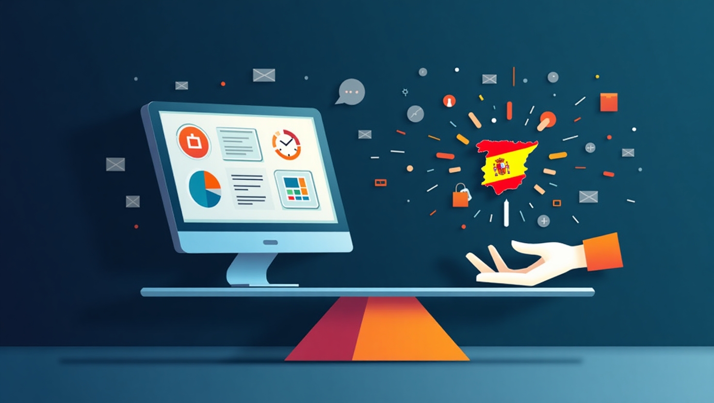 Meta plie face à l’Espagne : l’IA publicitaire sous surveillance Illustration réaliste et professionnelle représentant un symbole de la technologie et de la régulation, comme une balance équilibrant un écran d’ordinateur affichant des graphiques publicitaires digitalisés et une main abstraite symbolisant la surveillance. En arrière-plan, une carte de l’Espagne stylisée avec des éléments graphiques évoquant la transparence et l’éthique, comme des cadenas ou des éclats lumineux. L’atmosphère doit transmettre la précision, la responsabilité et l’innovation dans le domaine de l’IA publicitaire, dans un style moderne et épuré. Palette de couleurs inspirée de FeedMaker (#54387D, #3E408D, #3C579D, #47C0B4, #58A17B, #80D07E, #A5DA6F, #E1A65F, #EFCA5E, #EBE263). Format paysage.