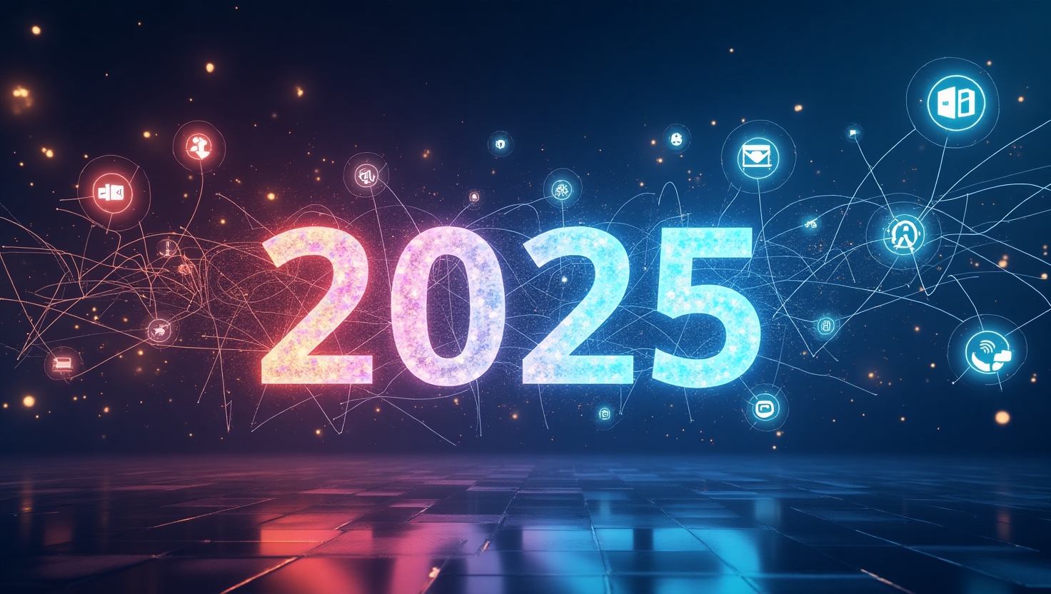 L’IA générative révolutionne la viralité : décryptage des impacts réels en 2025 Illustration réaliste ou semi-graphique représentant une scène futuriste de création de contenu social média en 2025, avec des éléments symbolisant l'intelligence artificielle générative (comme des réseaux de neurones, des flux de données numériques, des hologrammes de contenus en train d'être créés ou diffusés), des icônes de réseaux sociaux flottant autour, un contraste entre créativité humaine et automatisation. L'ambiance doit être à la fois analytique et innovante, avec une palette de couleurs inspirée de FeedMaker (#54387D, #3E408D, #3C579D, #47C0B4, #58A17B, #80D07E, #A5DA6F, #E1A65F, #EFCA5E, #EBE263), en format paysage.