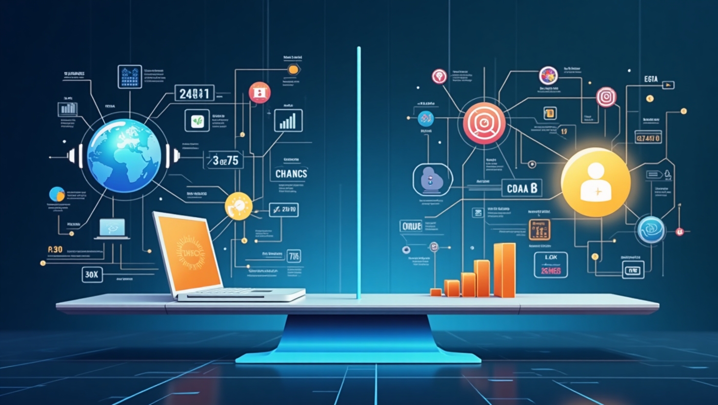 Illustration sophistiquée et équilibrée représentant un panneau de contrôle futuriste mêlant éléments symboliques de l’éthique et de la technologie, avec d’un côté des icônes de vie privée, de données personnelles et de transparence, et de l’autre des graphiques de performances et d’automatisation, le tout dans un style moderne, épuré et professionnel. La scène doit évoquer à la fois innovation et réflexion éthique, avec une palette de couleurs inspirée de la palette FeedMaker (#54387D, #3E408D, #3C579D, #47C0B4, #58A17B, #80D07E, #A5DA6F, #E1A65F, #EFCA5E, #EBE263), en format paysage, pour souligner la tension entre efficacité et responsabilité dans le marketing digital de 2025.