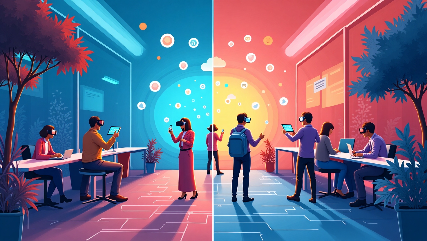 Une composition visuelle illustrant le contraste entre authenticité et hypertechnologie sur les réseaux sociaux en 2025, avec une moitié d'image représentant des créateurs et des utilisateurs immersifs dans des environnements de réalité augmentée, utilisant des appareils futuristes et interactifs, tandis que l'autre moitié montre des contenus hyperproduits, parfaits, mais artificiels, avec des éléments de réseaux sociaux, des filtres, des données et des IA génératives. Style graphique moderniste, en illustration numérique détaillée, avec une ambiance à la fois réflexive et critique, couleurs vibrantes inspirées de la palette FeedMaker (#54387D, #3E408D, #3C579D, #47C0B4, #58A17B, #80D07E, #A5DA6F, #E1A65F, #EFCA5E, #EBE263). Cadre au format paysage.