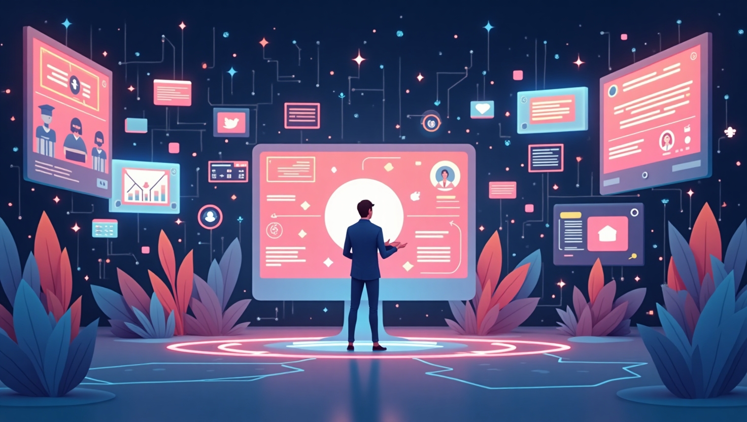 TikTok balance ses pubs IA en live : révolution ou carnage annoncé ? Une illustration moderne en style flat design représentant une scène de stream en direct sur une plateforme vidéo avec un créateur au centre, entouré d'interfaces dynamiques affichant des publicités générées par intelligence artificielle en temps réel. L'ambiance doit évoquer l'innovation technologique, avec des éléments de hologrammes ou de flux numériques autour, dans une palette de couleurs inspirée de la palette FeedMaker (#54387D, #3E408D, #3C579D, #47C0B4, #58A17B, #80D07E, #A5DA6F, #E1A65F, #EFCA5E, #EBE263), pour symboliser à la fois le potentiel de monétisation et les risques de saturation, avec une atmosphère à la fois dynamique et critique, en format carré.