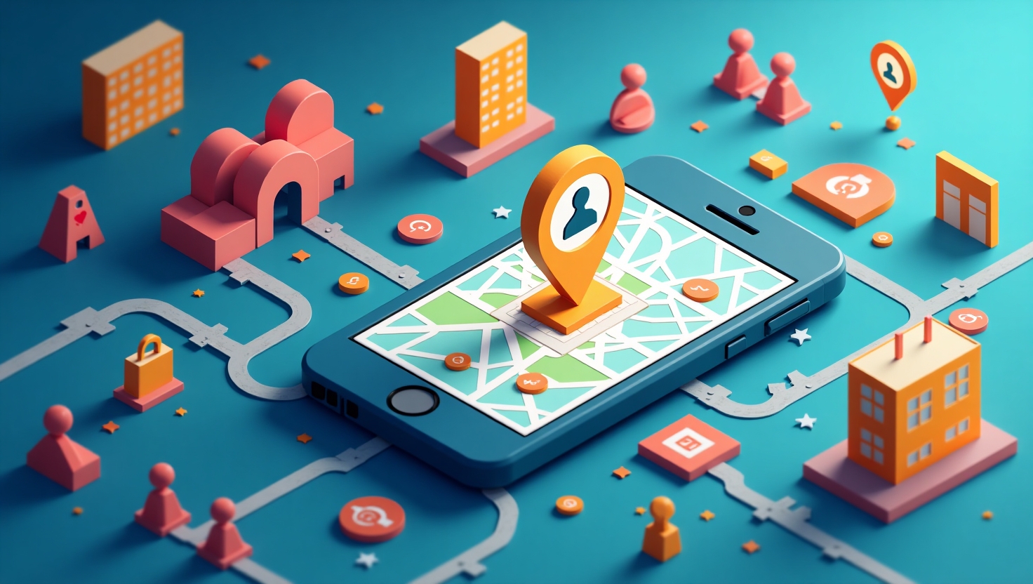 Instagram Friends Map : la géolocalisation sociale qui divise déjà Une illustration moderne et conceptuelle en style réaliste ou semi-réaliste, représentant un smartphone affichant une carte stylisée avec des icônes de localisation et des connexions entre amis en temps réel, entourée d’éléments graphiques évoquant la privacy, la cyber-sécurité et l’interaction sociale, avec une ambiance à la fois innovante et polémique. Utiliser une palette de couleurs inspirée de FeedMaker (#54387D, #3E408D, #3C579D, #47C0B4, #58A17B, #80D07E, #A5DA6F, #E1A65F, #EFCA5E, #EBE263). La scène doit transmettre la complexité et les débats autour de la géolocalisation sociale, avec une touche de tension et d’anticipation sur l’impact sociétal.