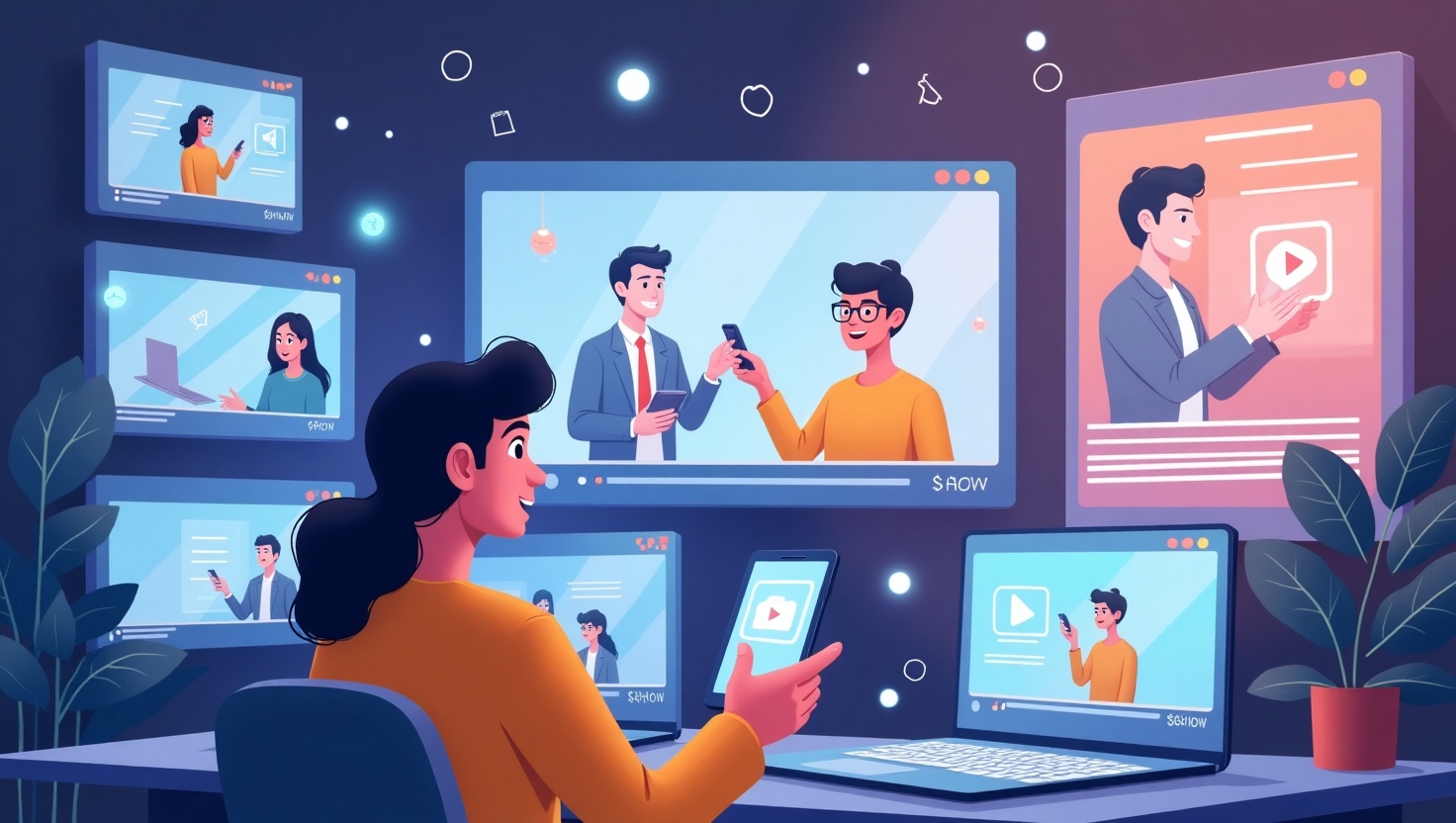 Comment maîtriser les formats vidéo courts pour maximiser votre viralité en 2025 Une illustration moderne et dynamique représentant un créateur de contenu en train de filmer avec un smartphone, entouré d’écrans affichant des vidéos courtes en plein essor, avec des effets visuels évoquant le montage rapide, des icônes de réseaux sociaux et des symboles de viralité. L’ambiance doit être motivante et pédagogique, avec un style graphique épuré et lumineux, utilisant une palette de couleurs inspirée de FeedMaker (#54387D, #3E408D, #3C579D, #47C0B4, #58A17B, #80D07E, #A5DA6F, #E1A65F, #EFCA5E, #EBE263), pour souligner l’aspect innovant et tendance des formats vidéo courts en 2025.