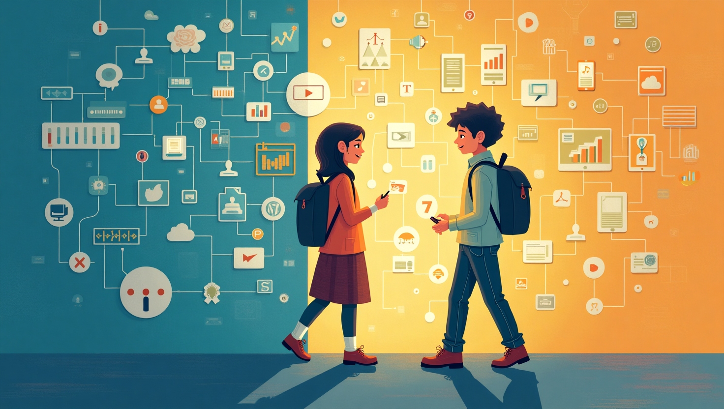 Interdiction des réseaux sociaux avant 15 ans : la France frappe fort Une illustration moderne et engagée représentant une mère et un adolescent devant un mur numérique composé de symboles de réseaux sociaux barrés, dans un style réaliste ou semi-illustratif avec une ambiance sérieuse et réfléchie. Utilisez une palette de couleurs inspirée de FeedMaker (#54387D, #3E408D, #3C579D, #47C0B4, #58A17B, #80D07E, #A5DA6F, #E1A65F, #EFCA5E, #EBE263). L’image doit évoquer la protection des jeunes, la responsabilité, avec une atmosphère à la fois forte et informative, en format paysage.