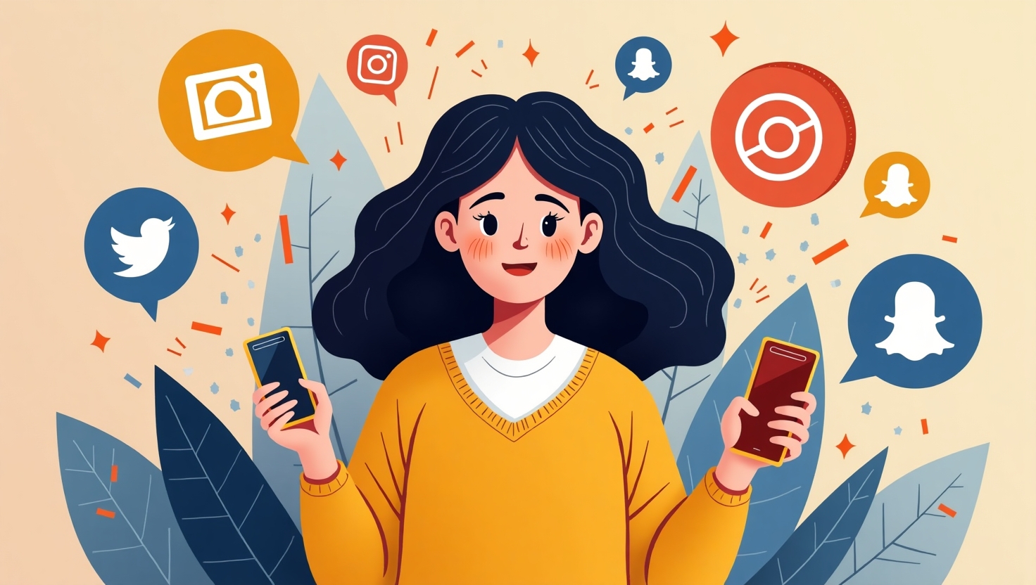 Interdiction des réseaux sociaux avant 15 ans : la France dégaine Une scène moderne et symbolique représentant une jeune adolescente ou un jeune adolescent entouré de symboles des réseaux sociaux comme des icônes d'applications (TikTok, Instagram, Snapchat) qui s'effacent ou se dissolvent, évoquant l'interdiction et la restriction. L'ambiance doit être sérieuse mais engageante, avec un style illustratif sophistiqué et dynamique. Utiliser une palette de couleurs inspirée de FeedMaker (#54387D, #3E408D, #3C579D, #47C0B4, #58A17B, #80D07E, #A5DA6F, #E1A65F, #EFCA5E, #EBE263). Mettre en avant une atmosphère de réflexion sur la jeunesse, la protection et la réglementation numérique, avec des éléments graphiques rappelant la législation et la préoccupations de santé mentale, dans un style portrain graphique moderne et contrasté en couleurs.