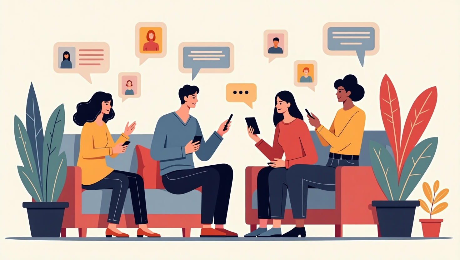 Illustration carrée en flat design dynamique représentant une scène de rassemblement intime et authentique de passionnés ou créateurs au sein d'une micro-communauté, avec des échanges sincères et une ambiance chaleureuse, notamment via des smartphones et chat, entourée d'éléments graphiques évoquant la proximité, la niche et la segmentation. La palette de couleurs s'inspire des tons FeedMaker (#54387D, #3E408D, #3C579D, #47C0B4, #58A17B, #80D07E, #A5DA6F, #E1A65F, #EFCA5E, #EBE263), pour souligner l’aspect premium et innovant de cette tendance sociale et marketing en 2025.