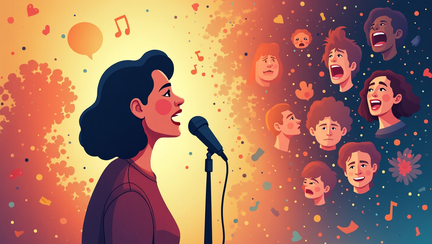 Le storytelling émotionnel révolutionne le marketing 2026 : pourquoi l’humain reprend le pouvoir Illustration carrée en flat design mettant en scène une figure humaine derrière un microphone, entourée d'une explosion de couleurs chaudes et vibrantes inspirées de la palette FeedMaker (#54387D, #3E408D, #3C579D, #47C0B4, #58A17B, #80D07E, #A5DA6F, #E1A65F, #EFCA5E, #EBE263), symbolisant l'émotion et l'authenticité. En arrière-plan, des illustrations abstraites de vidéos courtes, témoignages, et visages exprimant des émotions fortes comme la joie, la nostalgie, l'espoir et la colère, dans une ambiance dynamique et humaine, pour représenter la révolution du storytelling émotionnel dans le marketing 2026.