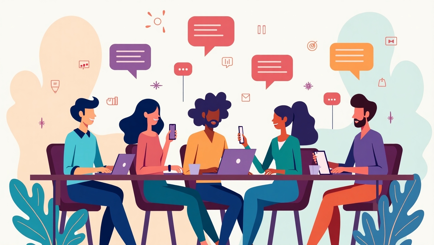 Illustration carrée en flat design moderne représentant un groupe diversifié de jeunes utilisateurs connectés via leurs smartphones et ordinateurs, formant des micro-groupes autour de thématiques variées, avec des icônes et des bulles de discussion flottant autour, fond coloré dynamique avec des éléments symbolisant la connectivité et l'interaction, ambiance innovante et collaborative, couleurs inspirées de la palette FeedMaker (#54387D, #3E408D, #3C579D, #47C0B4, #58A17B, #80D07E, #A5DA6F, #E1A65F, #EFCA5E, #EBE263).