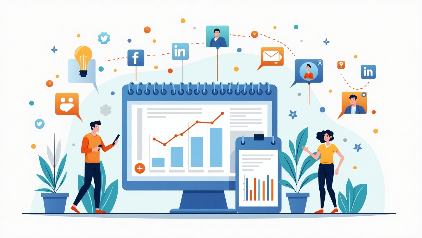 Illustration carrée en flat design professionnel et dynamique représentant un calendrier digital interactif affichant des tendances et des données en temps réel, avec des icônes de réseaux sociaux, de graphiques et d'algorithmes, entouré d'éléments évoquant la viralité, la planification flexible, et l’adaptation rapide, dans une ambiance moderne et technologique, utilisant une palette de couleurs inspirée de FeedMaker (#54387D, #3E408D, #3C579D, #47C0B4, #58A17B, #80D07E, #A5DA6F, #E1A65F, #EFCA5E, #EBE263).