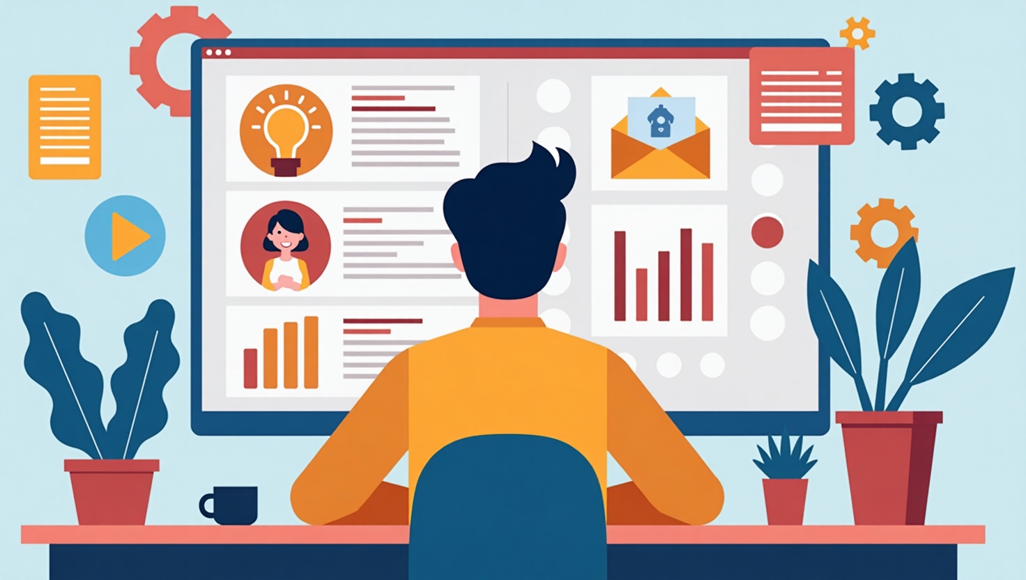 Illustration carrée en flat design vibrant et moderne représentant un créateur de contenu ou un community manager devant un écran multifacettes affichant des idées, des données et des éléments de storytelling, entouré d'icônes symbolisant l'automatisation, la créativité et l'authenticité, avec des éléments graphiques évoquant les réseaux sociaux et la viralité, dans une ambiance pédagogique et encourageante, utilisant une palette de couleurs inspirée de FeedMaker (#54387D, #3E408D, #3C579D, #47C0B4, #58A17B, #80D07E, #A5DA6F, #E1A65F, #EFCA5E, #EBE263).