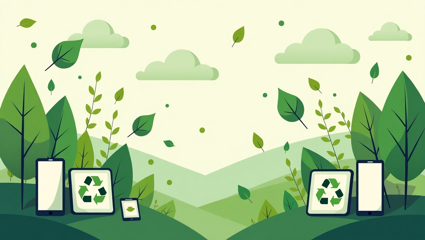 Illustration carrée en style contemporain, représentant une scène vibrante sur un réseau social numérique avec des éléments liés à la nature et à l’écologie, tels que des feuilles, des arbres, des icônes de recyclage, et des appareils modernes comme smartphones et tablettes affichant des contenus verts et responsables. La composition doit évoquer une atmosphère engagée, sincère et dynamique, avec une majorité de couleurs inspirées de la palette FeedMaker (#54387D, #3E408D, #3C579D, #47C0B4, #58A17B, #80D07E, #A5DA6F, #E1A65F, #EFCA5E, #EBE263). L’ambiance doit refléter la montée en puissance d’une communication écologique authentique et innovante sur les réseaux sociaux en 2025, tout en insistant sur la transparence et la responsabilité, dans un style visuel épuré et engageant.