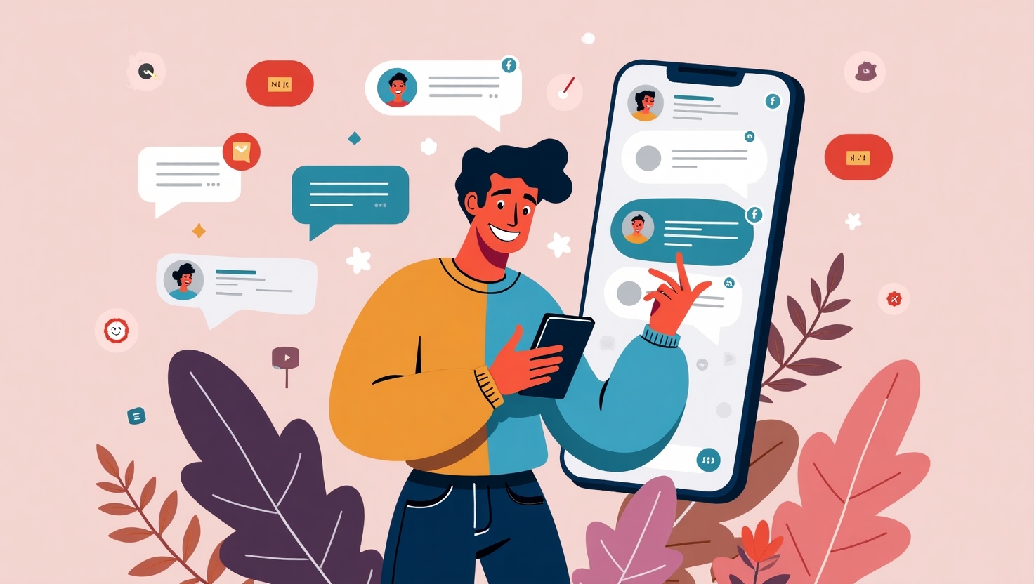 Illustration carrée en style digital moderne montrant une interface de messagerie sur une application de réseau social, avec un personnage souriant utilisant un smartphone, entouré de bulles de conversation incorporant des éléments hi-tech et d'IA, ambiance dynamique et innovante, couleurs vives inspirées de la palette FeedMaker (#54387D, #3E408D, #3C579D, #47C0B4, #58A17B, #80D07E, #A5DA6F, #E1A65F, #EFCA5E, #EBE263).