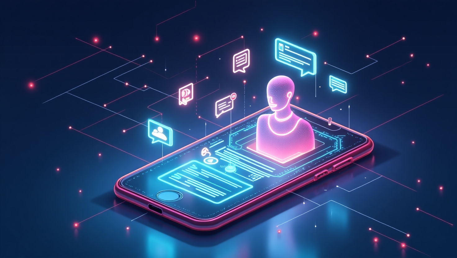 Illustration carrée en style futuriste et dynamique représentant un smartphone avec une interface de chat holographique interactif, intégrant une figure abstraite d'IA personnifiée cybernétique émettant des dialogues, entourée de symboles sociaux et pédagogiques flottants, dans une ambiance innovante et connectée, couleurs vives inspirées de la palette FeedMaker (#54387D, #3E408D, #3C579D, #47C0B4, #58A17B, #80D07E, #A5DA6F, #E1A65F, #EFCA5E, #EBE263).