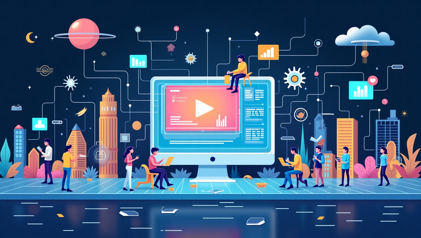 Illustration carrée en style futuriste et dynamique représentant un paysage numérique en constante évolution, intégrant des éléments visuels comme des interfaces holographiques, des écrans de vidéos courtes, des sons de recherche vocale, et des symboles de durabilité et d'authenticité. Un mélange de créateurs digital, de marques et d'utilisateurs interagissent dans un univers immersif et technologique. La palette de couleurs s'inspire des teintes FeedMaker (#54387D, #3E408D, #3C579D, #47C0B4, #58A17B, #80D07E, #A5DA6F, #E1A65F, #EFCA5E, #EBE263). L’atmosphère doit évoquer innovation, anticipation et transformation, avec un style épuré et moderne, illustrant la convergence des tendances majeures du marketing digital de 2026.