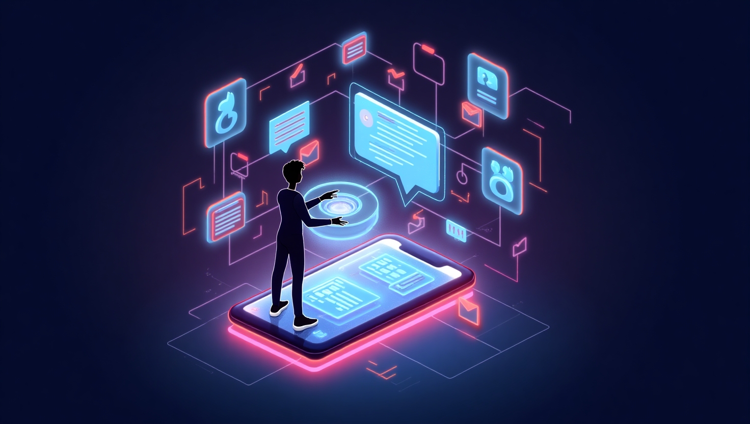 Illustration carrée en style futuriste et moderne représentant une interface de messagerie holographique intégrée à une application mobile de type réseau social, avec une silhouette d’utilisateur en interaction avec une IA conversationnelle animée par des éléments graphiques évoquant la connectivité, la fiabilité et la spontanéité. Utiliser une ambiance dynamique et ludique avec des lumières néon et une palette de couleurs inspirée de FeedMaker (#54387D, #3E408D, #3C579D, #47C0B4, #58A17B, #80D07E, #A5DA6F, #E1A65F, #EFCA5E, #EBE263), pour évoquer l’innovation, la simplicité et la convivialité digitale, dans un style illustration moderne et épuré adapté à la communication autour de la nouvelle fonctionnalité sur une plateforme sociale de grande audience.