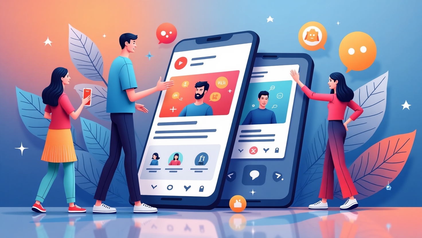 Meta bouleverse l’algorithme Facebook Reels : la révolution du contenu récent et long Illustration carrée en style graphique moderne montrant une interface de Facebook Reels avec des vidéos longiformat et récentes, entourée de créateurs de contenu qui utilisent des smartphones, avec des éléments visuels représentant la nouveauté et la modernité, une ambiance dynamique et innovante, utilisant une palette de couleurs inspirée des nuances #54387D, #3E408D, #3C579D, #47C0B4, #58A17B, #80D07E, #A5DA6F, #E1A65F, #EFCA5E, #EBE263.