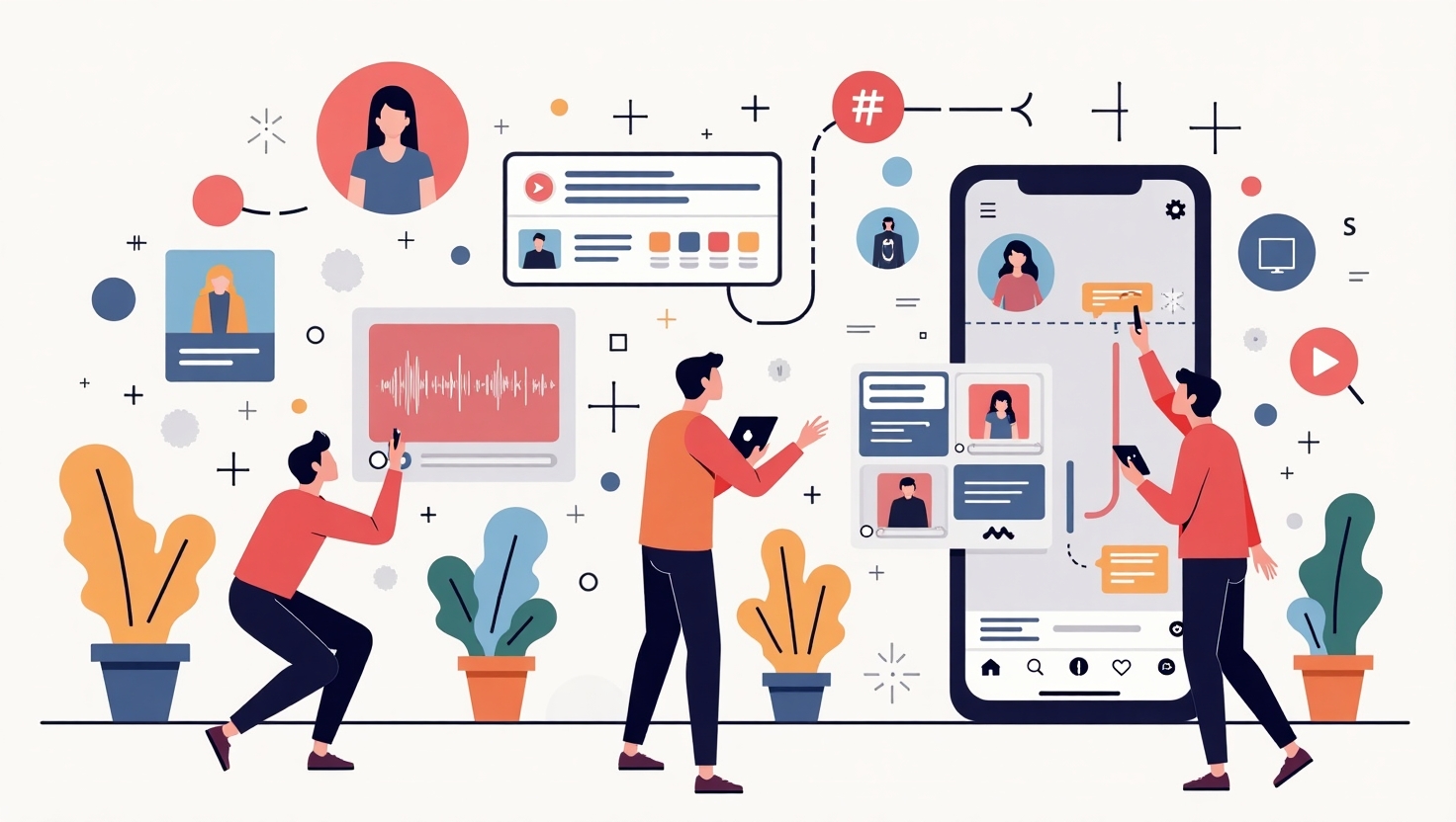 Créer un Reel Instagram viral en 2025 : guide étape par étape Illustration carrée en style moderne et dynamique montrant un créateur de contenu en train d'animer un Reel Instagram sur un smartphone, avec des éléments visuels représentant la synchronisation audio, des icônes de hashtags, des graphiques d'engagement, et des transitions dynamiques, dans une ambiance pédagogique et innovante. Utilise une palette de couleurs inspirée de FeedMaker (#54387D, #3E408D, #3C579D, #47C0B4, #58A17B, #80D07E, #A5DA6F, #E1A65F, #EFCA5E, #EBE263). Misez sur un style illustratif clair, attrayant et moderne, illustrant étape par étape la création d'un Reel viral avec des éléments structurant la vidéo, la musique, et l'analyse en temps réel, pour un public de créateurs et marketeurs.