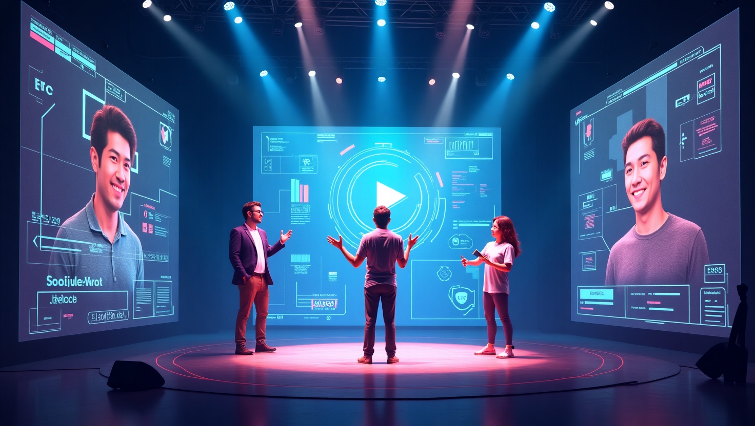 3 parcours inspirants de créateurs qui ont transformé leur audience en 2025 Illustration carrée en style moderne et inspirant représentant trois créateurs de contenu innovants au centre, utilisant des technologies comme la réalité augmentée et l'intelligence artificielle dans un environnement digital immersif. Performers entourés de projections holographiques, d'écrans interactifs et de formats vidéo courts, avec une atmosphère dynamique et authentique. La scène est colorée avec une palette inspirée de FeedMaker (#54387D, #3E408D, #3C579D, #47C0B4, #58A17B, #80D07E, #A5DA6F, #E1A65F, #EFCA5E, #EBE263), évoquant innovation, connectivité et storytelling émotionnel, dans un univers qui mêle technologie et créativité pour inspirer la croissance et l'engagement.