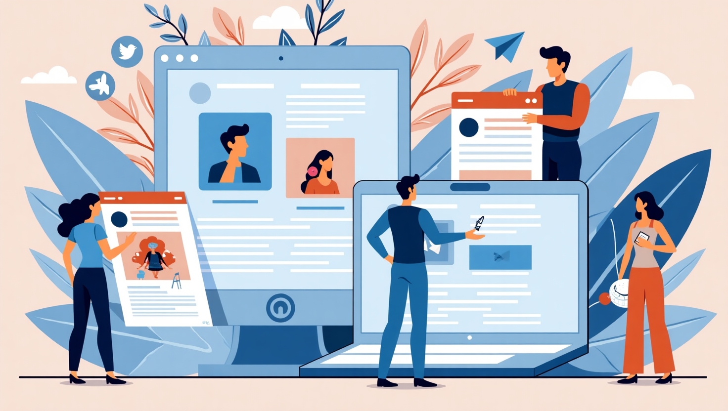 Illustration carrée en style moderne et épuré montrant une interface de réseau social avec des publications éphémères qui s'effacent doucement dans un délai de 24 heures, avec des icônes de compte et de déconnexion évoquant la nouveauté, ambiance dynamique et innovante, palette de couleurs inspirée de FeedMaker (#54387D, #3E408D, #3C579D, #47C0B4, #58A17B, #80D07E, #A5DA6F, #E1A65F, #EFCA5E, #EBE263).