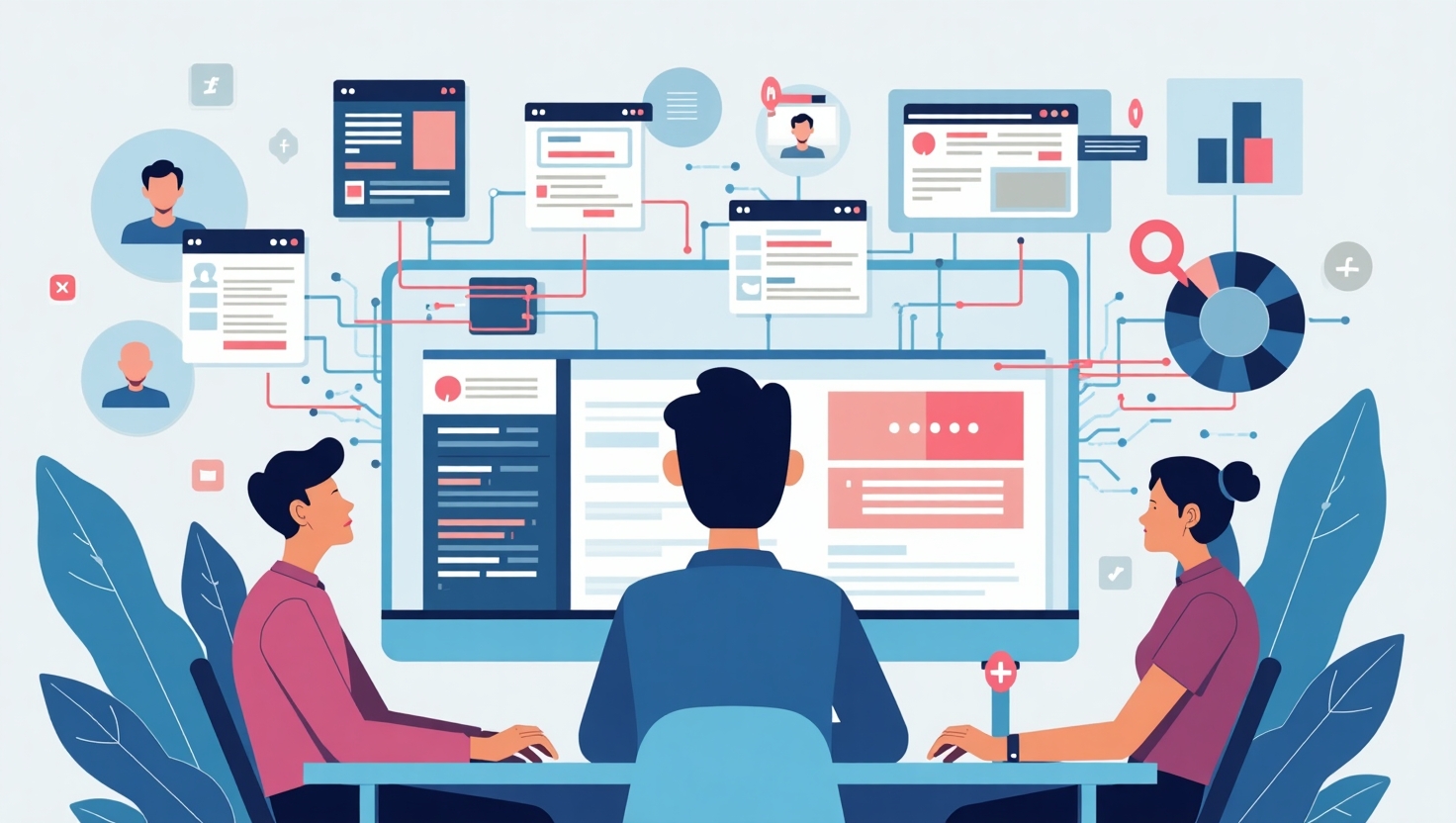 Illustration carrée en style moderne et épuré représentant un community manager ou un marketeur devant plusieurs écrans affichant différents réseaux sociaux, avec des flux de contenus automatisés illustrés par des flèches connectant des postes, stories et reels. L’atmosphère doit évoquer la technologie avancée et l’efficience, avec des éléments visuels symbolisant l’IA, comme des circuits ou des lignes de code intégrées. Utiliser une palette de couleurs inspirée de FeedMaker (#54387D, #3E408D, #3C579D, #47C0B4, #58A17B, #80D07E, #A5DA6F, #E1A65F, #EFCA5E, #EBE263) pour donner un ton professionnel, dynamique et innovant. Insister sur la simplicité d’utilisation, la personnalisation et l’aspect stratégique de l’automatisation, avec une ambiance claire, pédagogique et engageante.