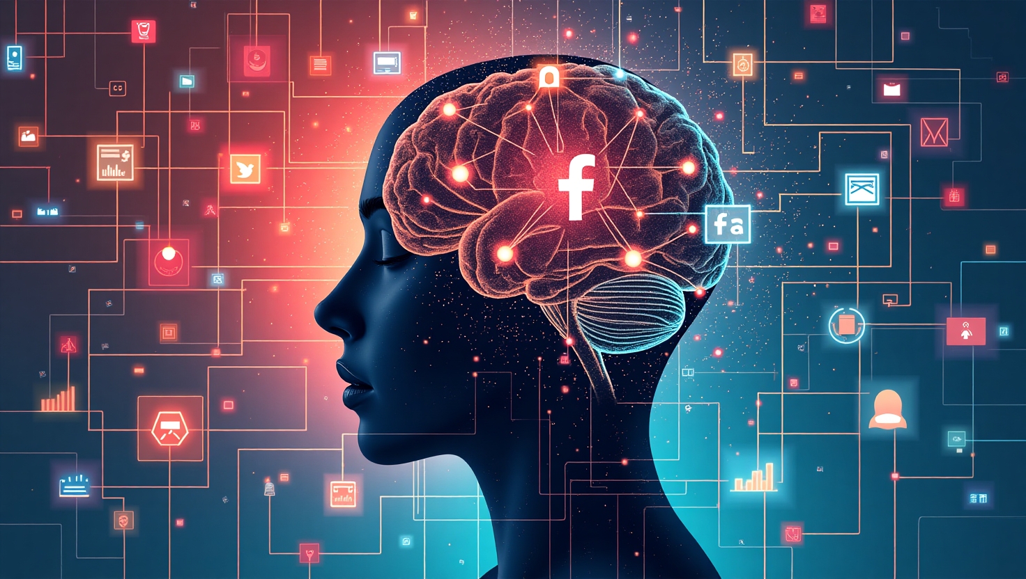 IA et viralité : les paradoxes qui redéfinissent les réseaux sociaux en 2025 Illustration carrée en style réaliste ou semi-réaliste représentant un collage symbolique d'éléments liés aux réseaux sociaux et à l'intelligence artificielle en 2025. Inclure un cerveau numérique connecté à des écrans ou des flux de contenus, mêlant des icônes de réseaux sociaux, des symboles d'algorithmes, des objets témoignant de la viralité comme des likes, partages ou tendances. Incorporer une balance symbolique entre éléments humains (mains, visages authentiques) et éléments générés par IA (formes géométriques, codes, flux digitaux). L'ambiance doit refléter le paradoxe entre efficacité technologique et authenticité, avec une palette de couleurs inspirée de FeedMaker (#54387D, #3E408D, #3C579D, #47C0B4, #58A17B, #80D07E, #A5DA6F, #E1A65F, #EFCA5E, #EBE263). Style dynamique, illustratif, à la fois moderne et critique, pour capturer la complexité de la viralité et de l'IA en 2025, dans un format carré.