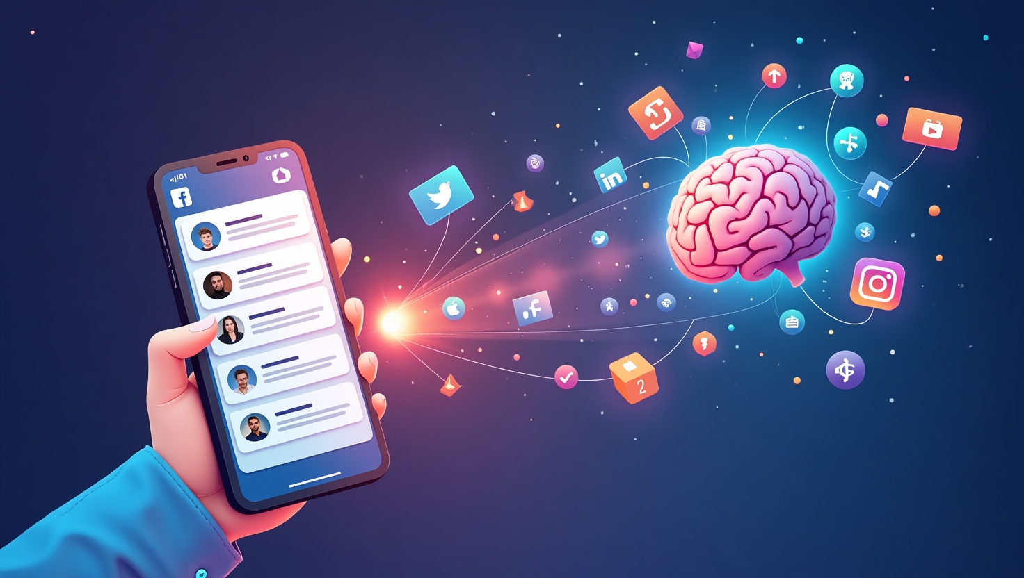 Illustration colorée et moderne représentant un smartphone affichant l'interface de Reels Facebook, avec des suggestions de vidéos et comptes s'envolant vers un cerveau stylisé symbolisant l'intelligence artificielle, dans un décor dynamique évoquant la recherche et la découverte du contenu. Style digital et flat design, ambiance innovante et technologique, avec une palette de couleurs inspirée de FeedMaker (#54387D, #3E408D, #3C579D, #47C0B4, #58A17B, #80D07E, #A5DA6F, #E1A65F, #EFCA5E, #EBE263), mettant en avant la transformation numérique et l'impact stratégique de l’IA sur la recherche et l’engagement utilisateur.