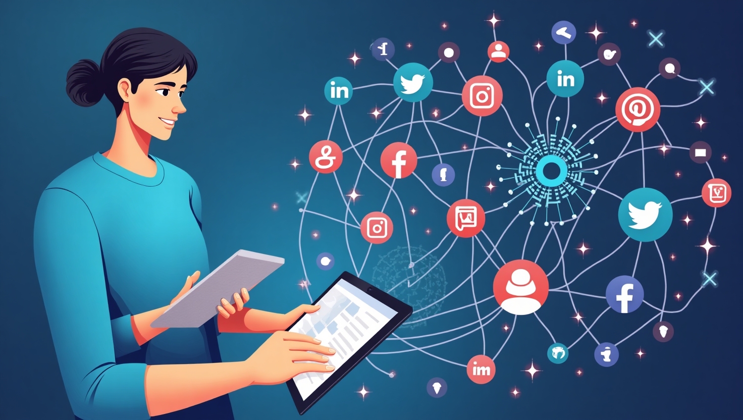 Illustration contemporaine en style moderne et éducatif représentant un créateur de contenu utilisant une tablette ou un ordinateur portable connecté à des éléments symbolisant l'intelligence artificielle, comme des circuits ou des hologrammes, avec des icônes de réseaux sociaux populaires en arrière-plan (reels, stories, vidéos courtes). L’atmosphère doit respirer la innovation, la pédagogie et l’enthousiasme pour l’avenir du marketing digital en 2026. Utiliser une palette de couleurs inspirée de FeedMaker (#54387D, #3E408D, #3C579D, #47C0B4, #58A17B, #80D07E, #A5DA6F, #E1A65F, #EFCA5E, #EBE263), dans un style illustration claire, moderne, dynamique, avec une mise en scène visant à motiver et à transmettre l’idée de maîtrise et d’efficience grâce à l’IA.